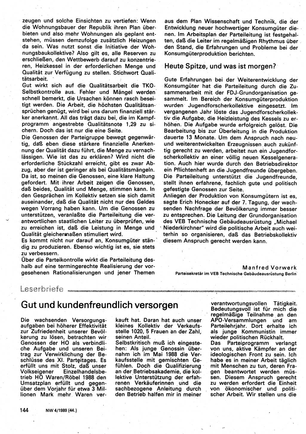 Neuer Weg (NW), Organ des Zentralkomitees (ZK) der SED (Sozialistische Einheitspartei Deutschlands) für Fragen des Parteilebens, 44. Jahrgang [Deutsche Demokratische Republik (DDR)] 1989, Seite 144 (NW ZK SED DDR 1989, S. 144)
