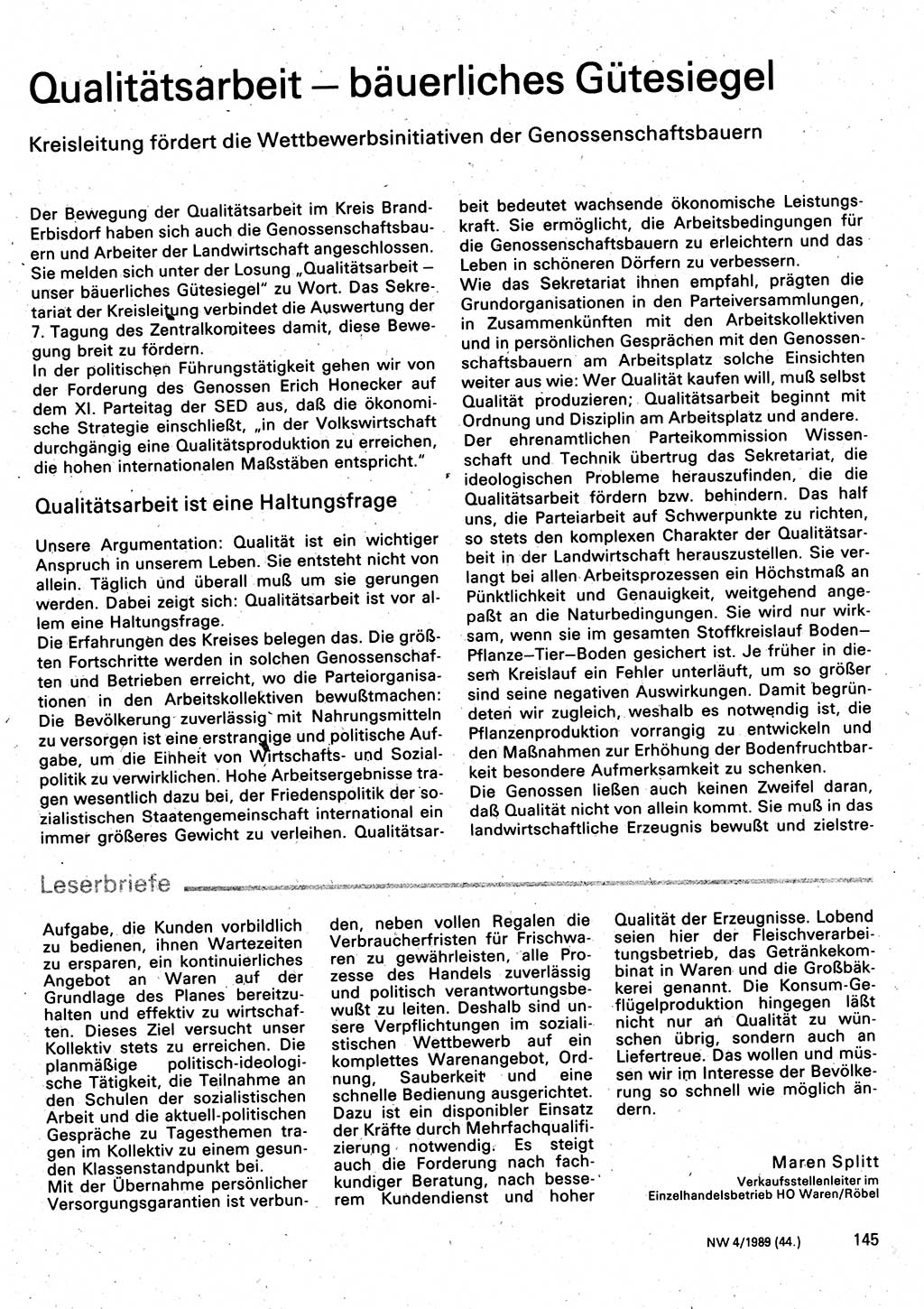 Neuer Weg (NW), Organ des Zentralkomitees (ZK) der SED (Sozialistische Einheitspartei Deutschlands) für Fragen des Parteilebens, 44. Jahrgang [Deutsche Demokratische Republik (DDR)] 1989, Seite 145 (NW ZK SED DDR 1989, S. 145)