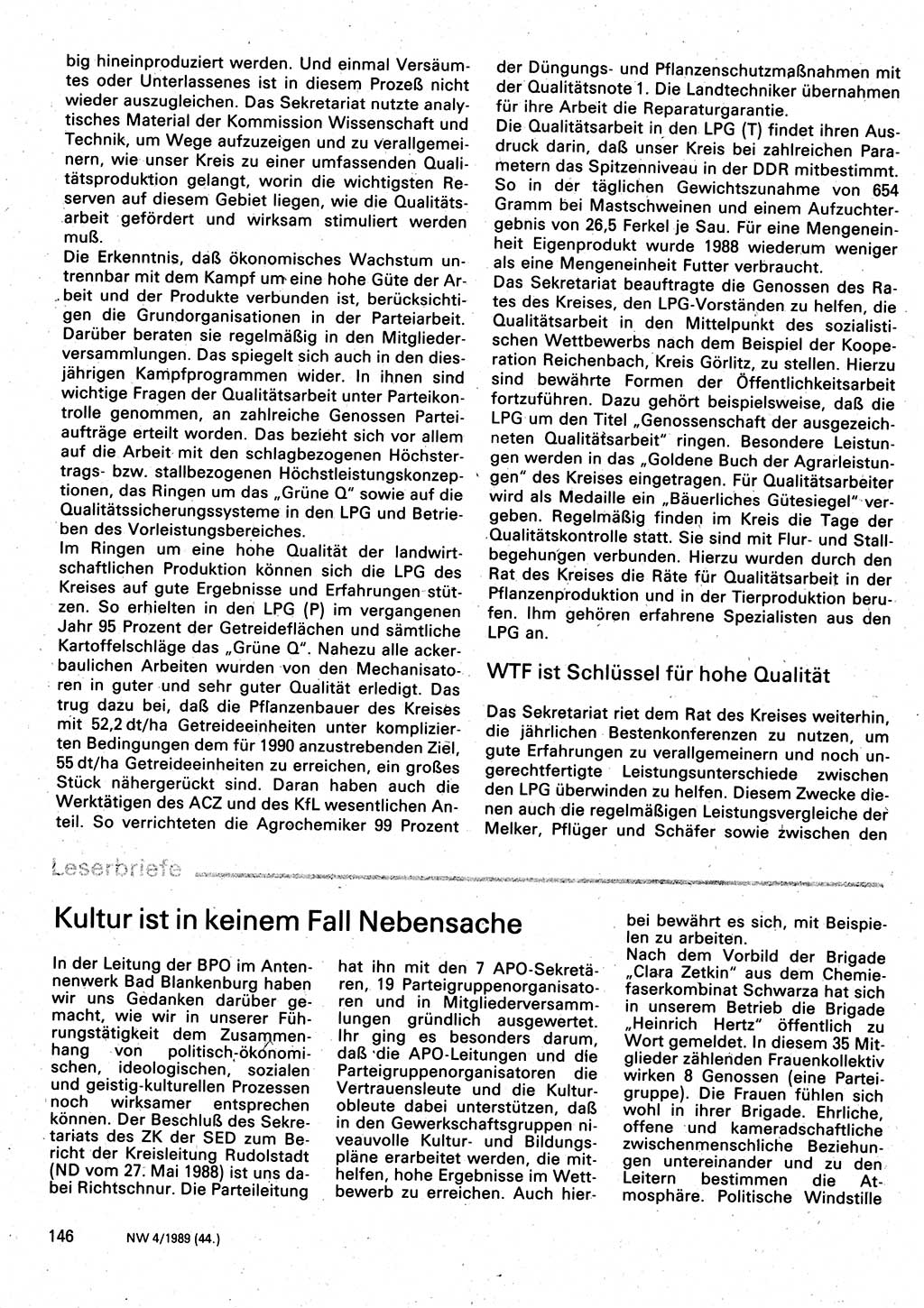 Neuer Weg (NW), Organ des Zentralkomitees (ZK) der SED (Sozialistische Einheitspartei Deutschlands) für Fragen des Parteilebens, 44. Jahrgang [Deutsche Demokratische Republik (DDR)] 1989, Seite 146 (NW ZK SED DDR 1989, S. 146)
