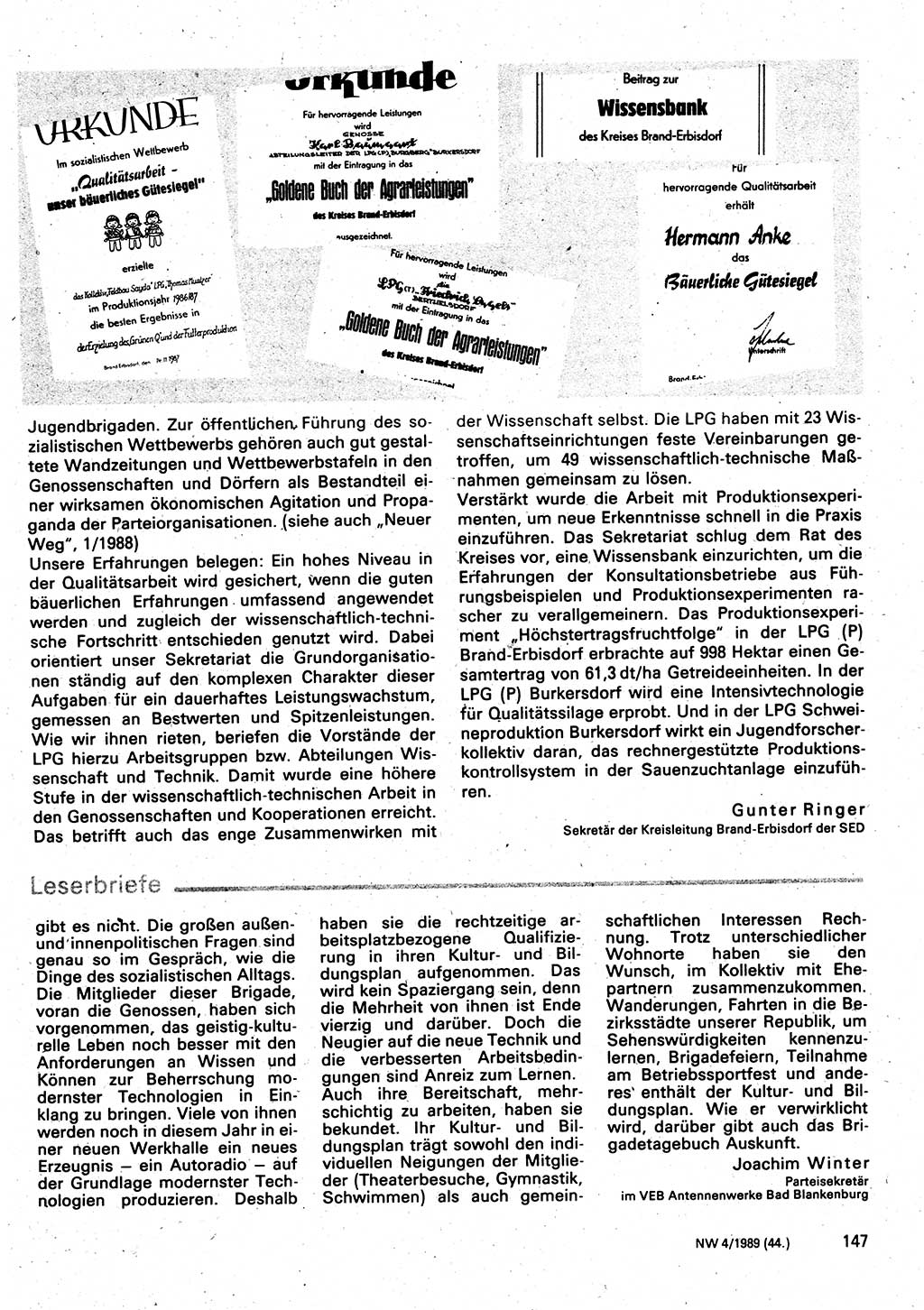 Neuer Weg (NW), Organ des Zentralkomitees (ZK) der SED (Sozialistische Einheitspartei Deutschlands) für Fragen des Parteilebens, 44. Jahrgang [Deutsche Demokratische Republik (DDR)] 1989, Seite 147 (NW ZK SED DDR 1989, S. 147)