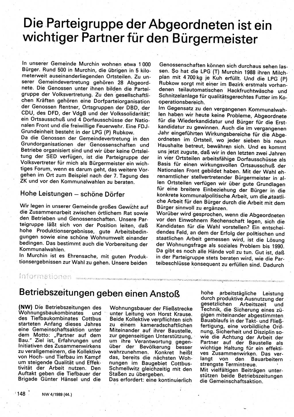 Neuer Weg (NW), Organ des Zentralkomitees (ZK) der SED (Sozialistische Einheitspartei Deutschlands) für Fragen des Parteilebens, 44. Jahrgang [Deutsche Demokratische Republik (DDR)] 1989, Seite 148 (NW ZK SED DDR 1989, S. 148)