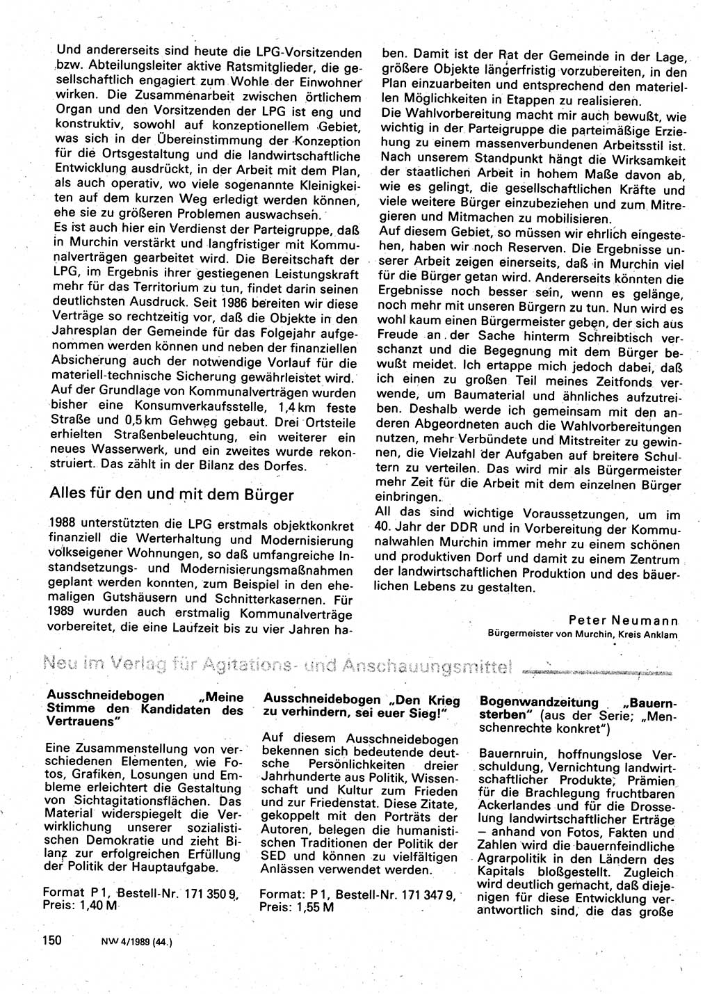 Neuer Weg (NW), Organ des Zentralkomitees (ZK) der SED (Sozialistische Einheitspartei Deutschlands) für Fragen des Parteilebens, 44. Jahrgang [Deutsche Demokratische Republik (DDR)] 1989, Seite 150 (NW ZK SED DDR 1989, S. 150)