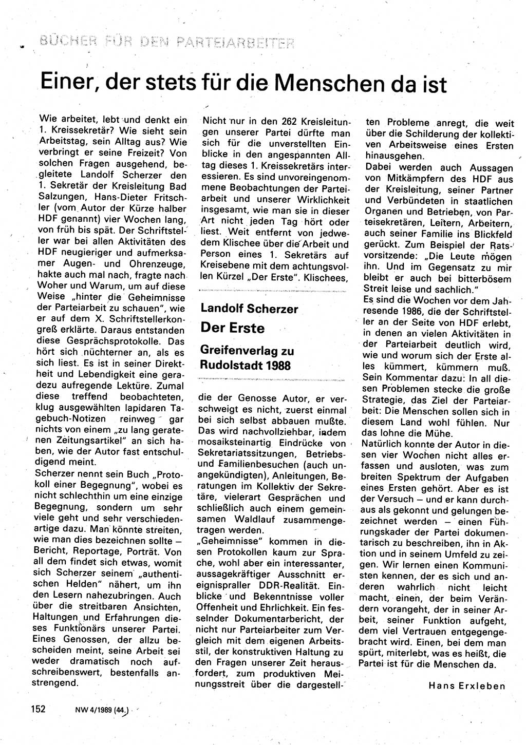 Neuer Weg (NW), Organ des Zentralkomitees (ZK) der SED (Sozialistische Einheitspartei Deutschlands) für Fragen des Parteilebens, 44. Jahrgang [Deutsche Demokratische Republik (DDR)] 1989, Seite 152 (NW ZK SED DDR 1989, S. 152)