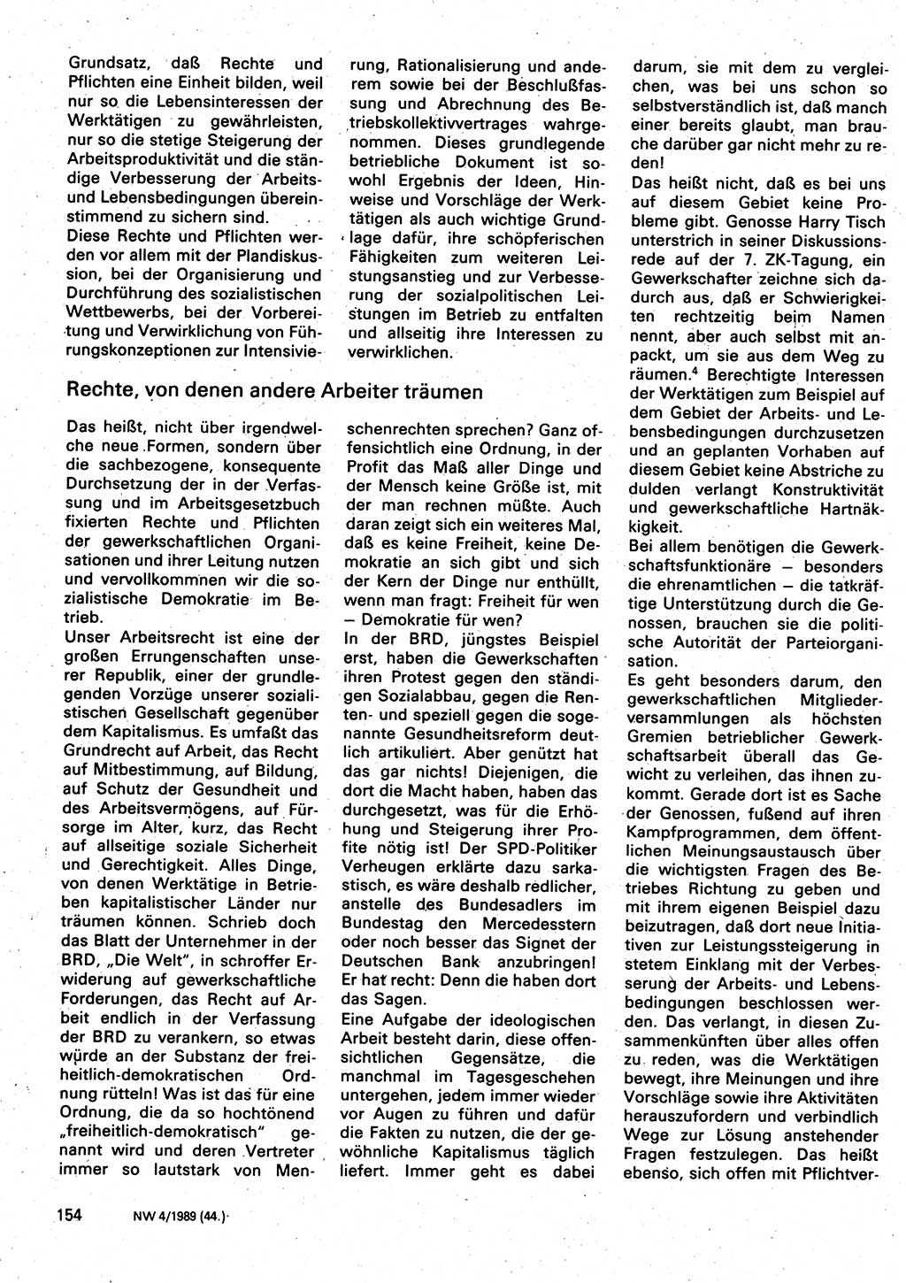 Neuer Weg (NW), Organ des Zentralkomitees (ZK) der SED (Sozialistische Einheitspartei Deutschlands) für Fragen des Parteilebens, 44. Jahrgang [Deutsche Demokratische Republik (DDR)] 1989, Seite 154 (NW ZK SED DDR 1989, S. 154)