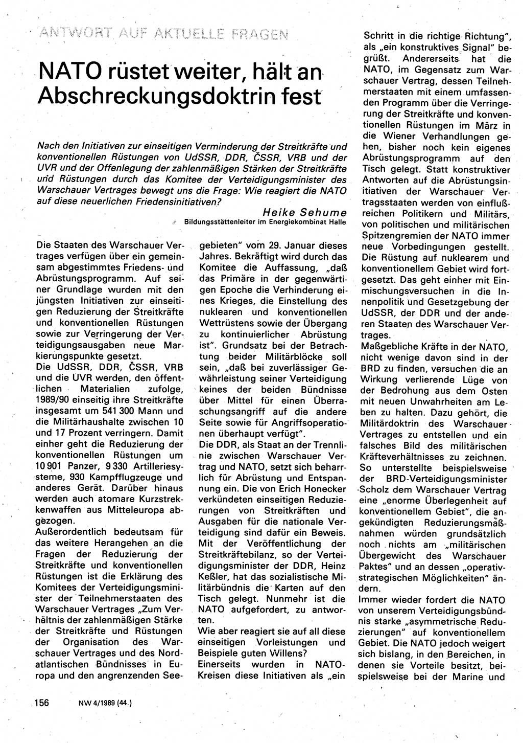 Neuer Weg (NW), Organ des Zentralkomitees (ZK) der SED (Sozialistische Einheitspartei Deutschlands) für Fragen des Parteilebens, 44. Jahrgang [Deutsche Demokratische Republik (DDR)] 1989, Seite 156 (NW ZK SED DDR 1989, S. 156)