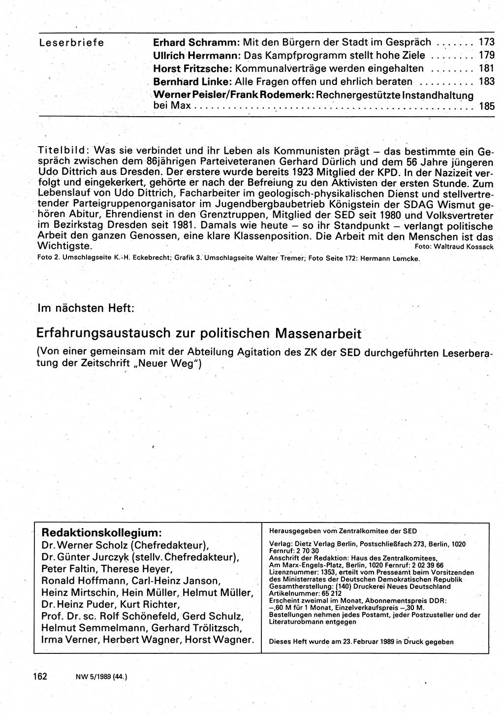Neuer Weg (NW), Organ des Zentralkomitees (ZK) der SED (Sozialistische Einheitspartei Deutschlands) für Fragen des Parteilebens, 44. Jahrgang [Deutsche Demokratische Republik (DDR)] 1989, Seite 162 (NW ZK SED DDR 1989, S. 162)