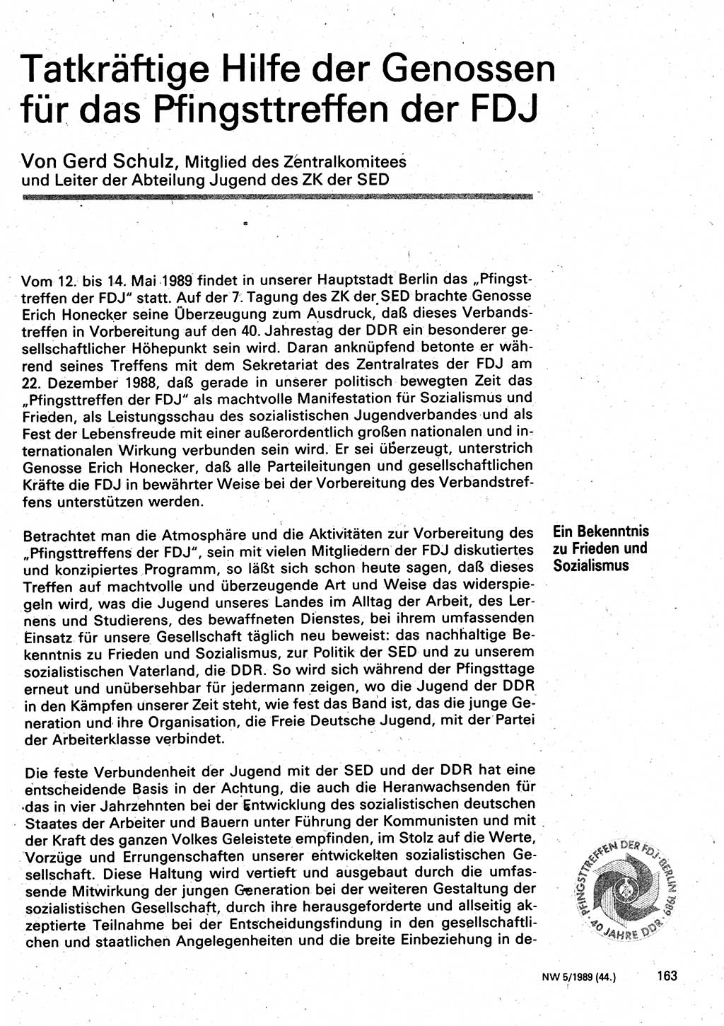 Neuer Weg (NW), Organ des Zentralkomitees (ZK) der SED (Sozialistische Einheitspartei Deutschlands) für Fragen des Parteilebens, 44. Jahrgang [Deutsche Demokratische Republik (DDR)] 1989, Seite 163 (NW ZK SED DDR 1989, S. 163)