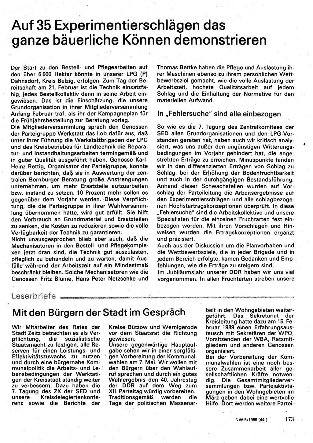 Neuer Weg (NW), Organ des Zentralkomitees (ZK) der SED (Sozialistische Einheitspartei Deutschlands) für Fragen des Parteilebens, 44. Jahrgang [Deutsche Demokratische Republik (DDR)] 1989, Seite 173 (NW ZK SED DDR 1989, S. 173)