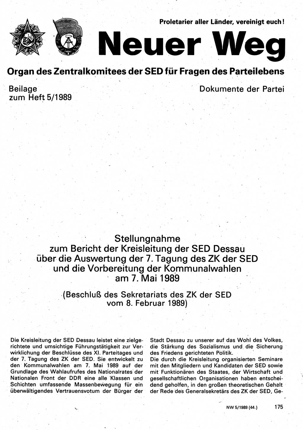 Neuer Weg (NW), Organ des Zentralkomitees (ZK) der SED (Sozialistische Einheitspartei Deutschlands) für Fragen des Parteilebens, 44. Jahrgang [Deutsche Demokratische Republik (DDR)] 1989, Seite 175 (NW ZK SED DDR 1989, S. 175)