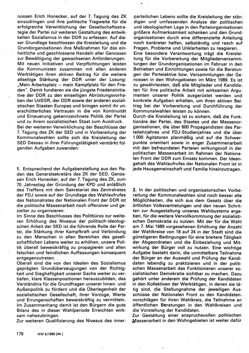 Neuer Weg (NW), Organ des Zentralkomitees (ZK) der SED (Sozialistische Einheitspartei Deutschlands) für Fragen des Parteilebens, 44. Jahrgang [Deutsche Demokratische Republik (DDR)] 1989, Seite 176 (NW ZK SED DDR 1989, S. 176)