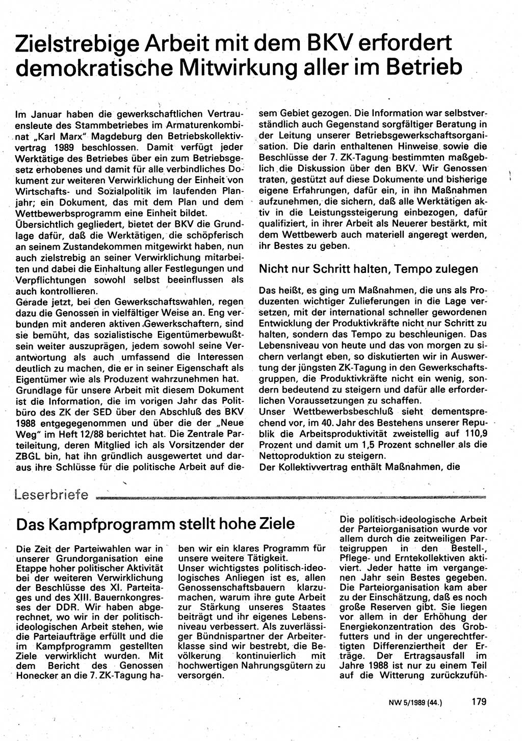 Neuer Weg (NW), Organ des Zentralkomitees (ZK) der SED (Sozialistische Einheitspartei Deutschlands) für Fragen des Parteilebens, 44. Jahrgang [Deutsche Demokratische Republik (DDR)] 1989, Seite 179 (NW ZK SED DDR 1989, S. 179)