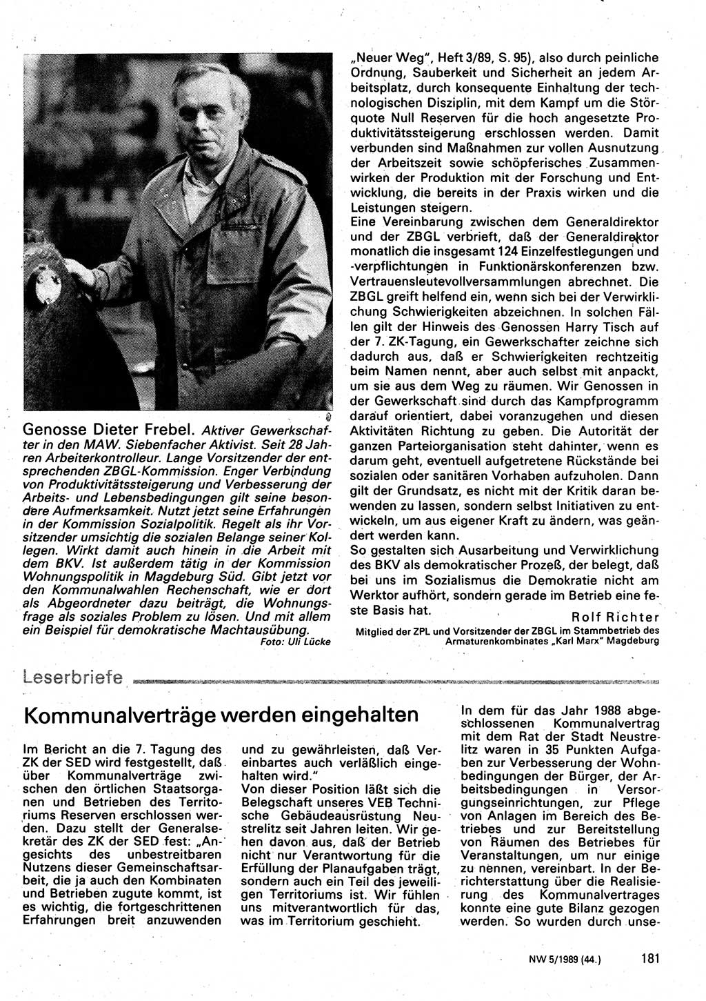 Neuer Weg (NW), Organ des Zentralkomitees (ZK) der SED (Sozialistische Einheitspartei Deutschlands) für Fragen des Parteilebens, 44. Jahrgang [Deutsche Demokratische Republik (DDR)] 1989, Seite 181 (NW ZK SED DDR 1989, S. 181)
