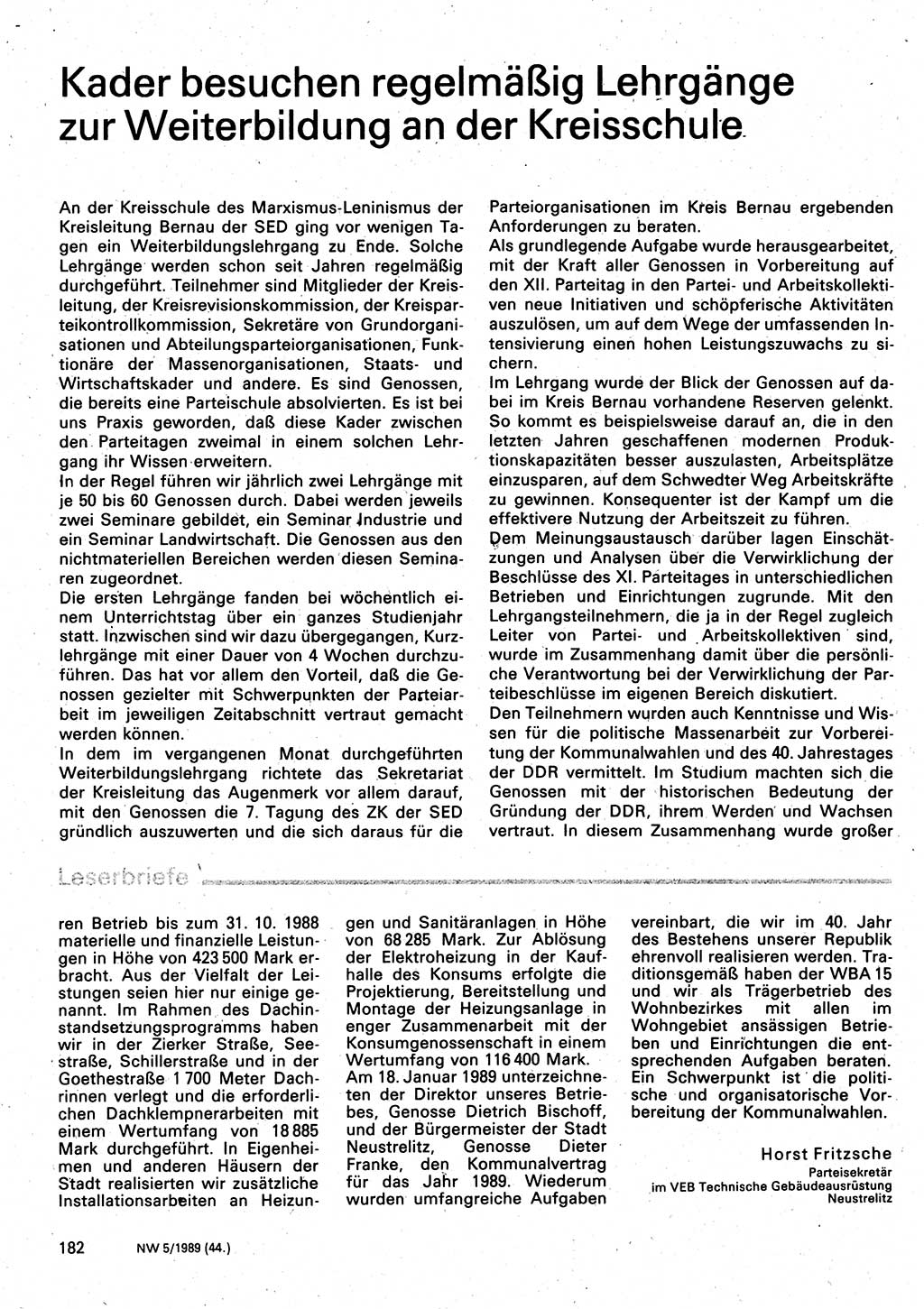 Neuer Weg (NW), Organ des Zentralkomitees (ZK) der SED (Sozialistische Einheitspartei Deutschlands) für Fragen des Parteilebens, 44. Jahrgang [Deutsche Demokratische Republik (DDR)] 1989, Seite 182 (NW ZK SED DDR 1989, S. 182)