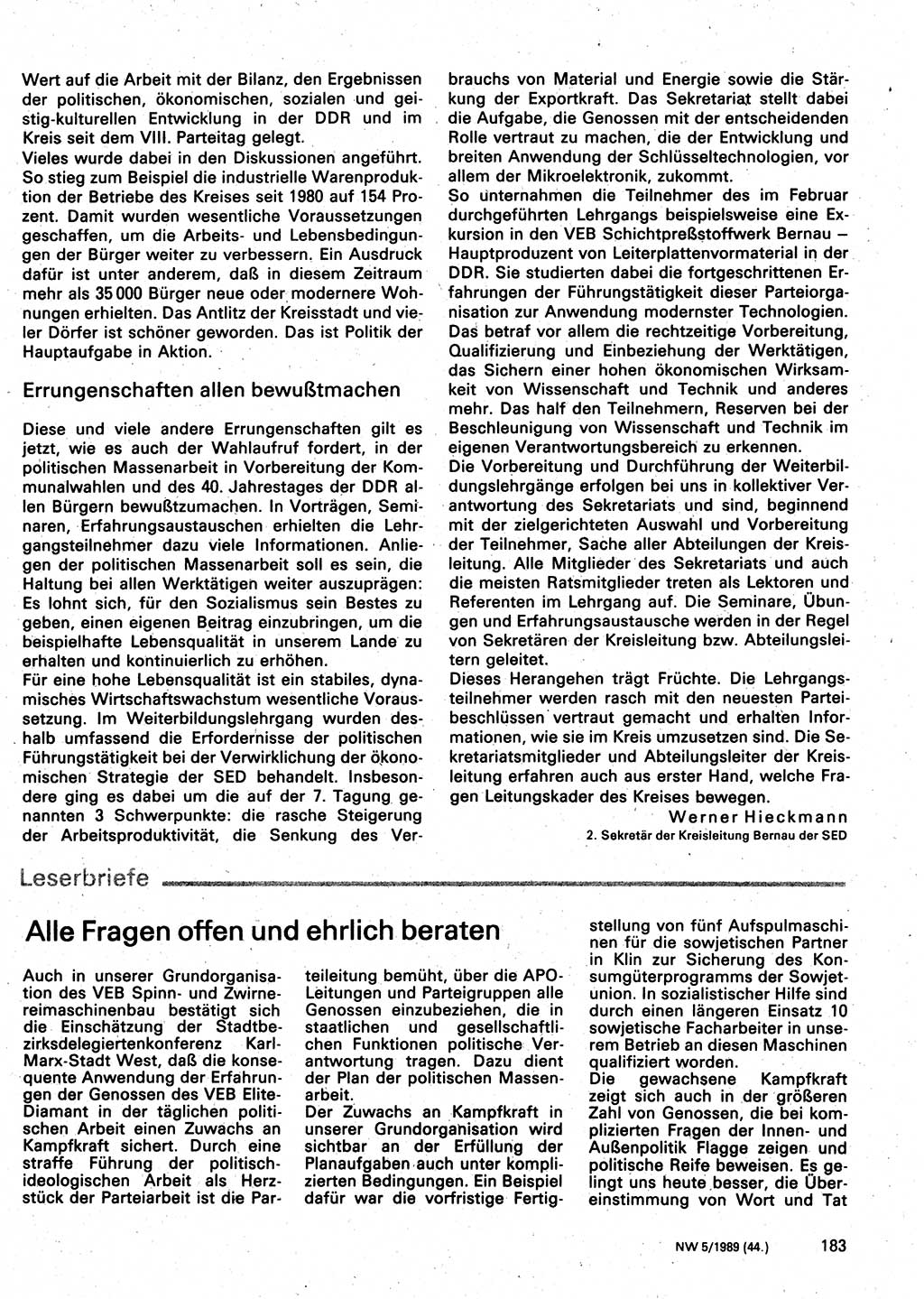 Neuer Weg (NW), Organ des Zentralkomitees (ZK) der SED (Sozialistische Einheitspartei Deutschlands) für Fragen des Parteilebens, 44. Jahrgang [Deutsche Demokratische Republik (DDR)] 1989, Seite 183 (NW ZK SED DDR 1989, S. 183)