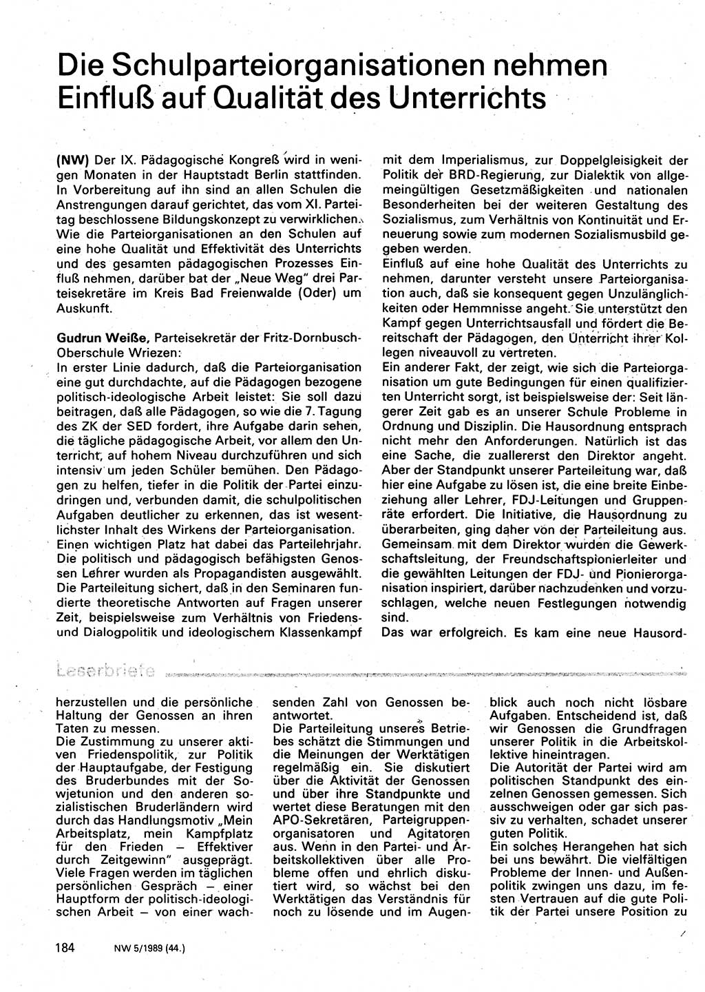 Neuer Weg (NW), Organ des Zentralkomitees (ZK) der SED (Sozialistische Einheitspartei Deutschlands) für Fragen des Parteilebens, 44. Jahrgang [Deutsche Demokratische Republik (DDR)] 1989, Seite 184 (NW ZK SED DDR 1989, S. 184)