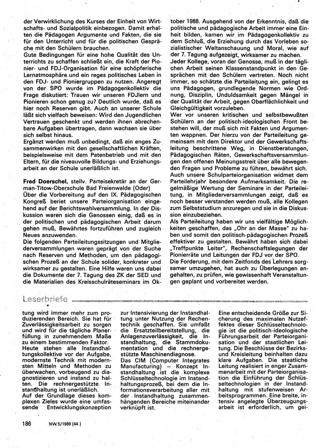 Neuer Weg (NW), Organ des Zentralkomitees (ZK) der SED (Sozialistische Einheitspartei Deutschlands) für Fragen des Parteilebens, 44. Jahrgang [Deutsche Demokratische Republik (DDR)] 1989, Seite 186 (NW ZK SED DDR 1989, S. 186)