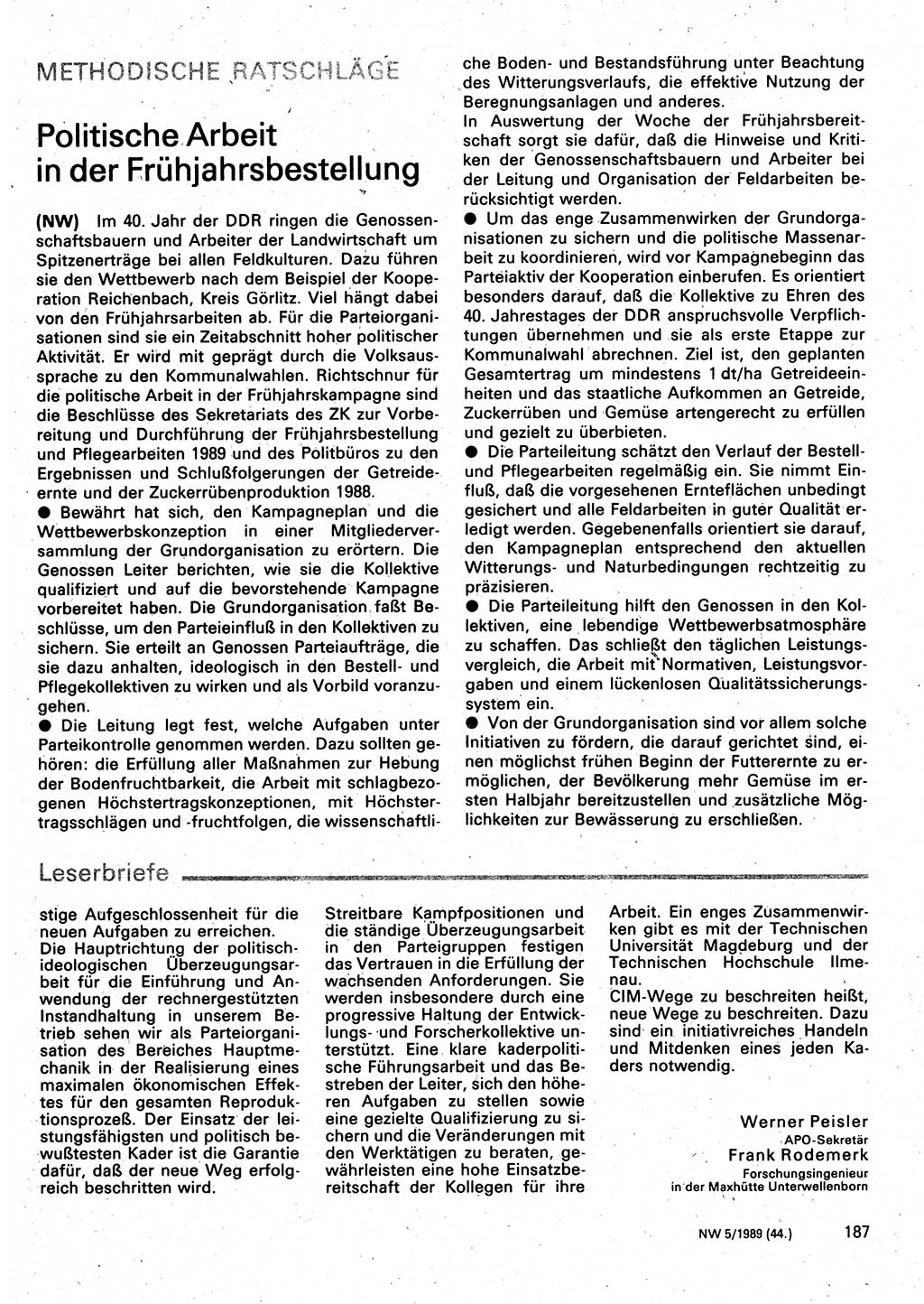 Neuer Weg (NW), Organ des Zentralkomitees (ZK) der SED (Sozialistische Einheitspartei Deutschlands) für Fragen des Parteilebens, 44. Jahrgang [Deutsche Demokratische Republik (DDR)] 1989, Seite 187 (NW ZK SED DDR 1989, S. 187)