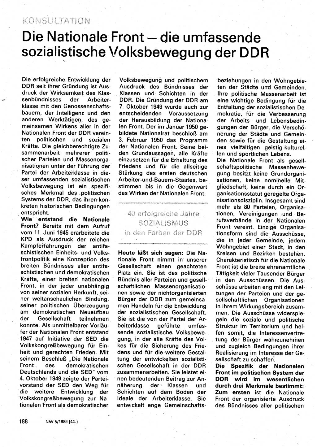 Neuer Weg (NW), Organ des Zentralkomitees (ZK) der SED (Sozialistische Einheitspartei Deutschlands) für Fragen des Parteilebens, 44. Jahrgang [Deutsche Demokratische Republik (DDR)] 1989, Seite 188 (NW ZK SED DDR 1989, S. 188)