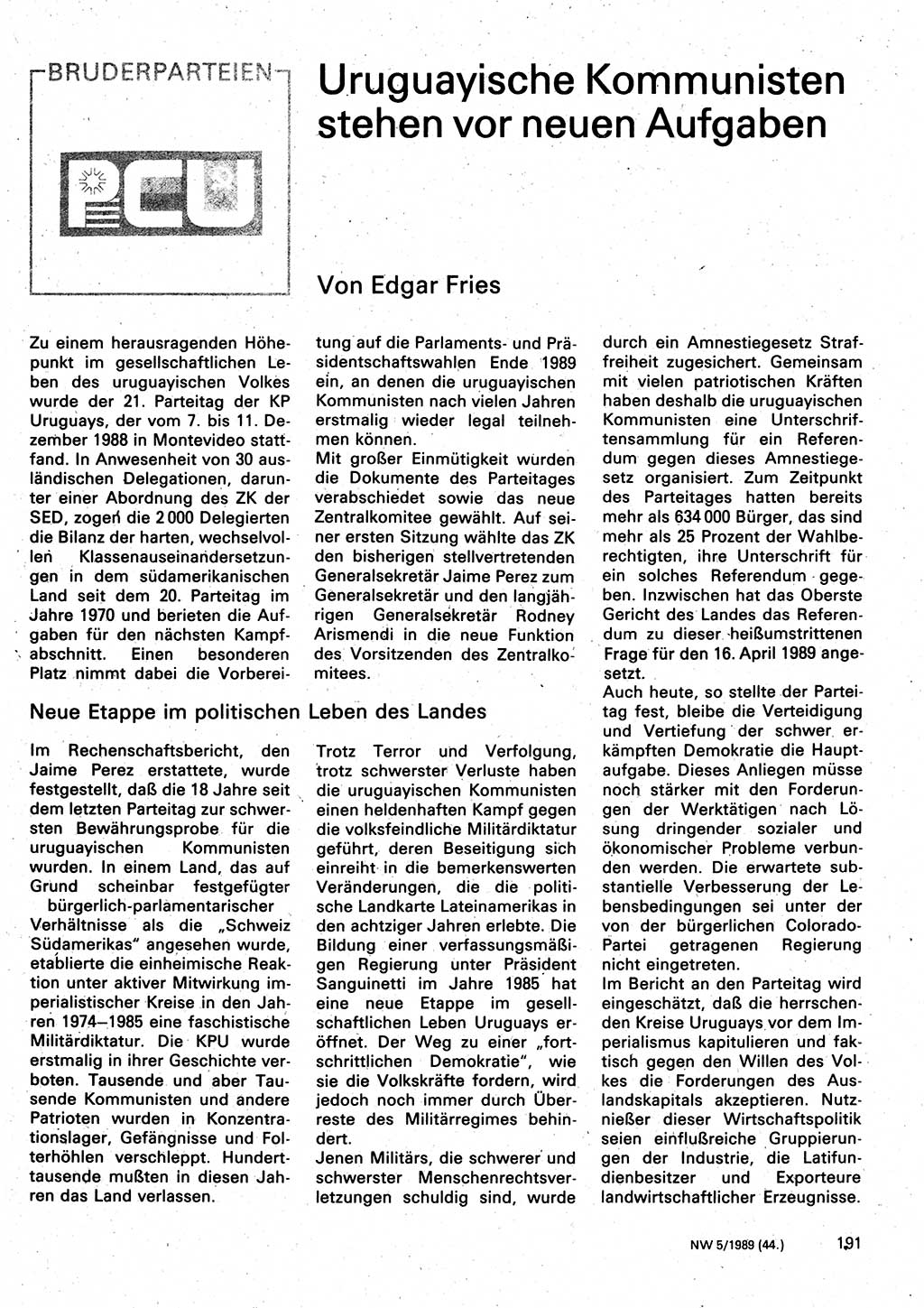 Neuer Weg (NW), Organ des Zentralkomitees (ZK) der SED (Sozialistische Einheitspartei Deutschlands) für Fragen des Parteilebens, 44. Jahrgang [Deutsche Demokratische Republik (DDR)] 1989, Seite 191 (NW ZK SED DDR 1989, S. 191)