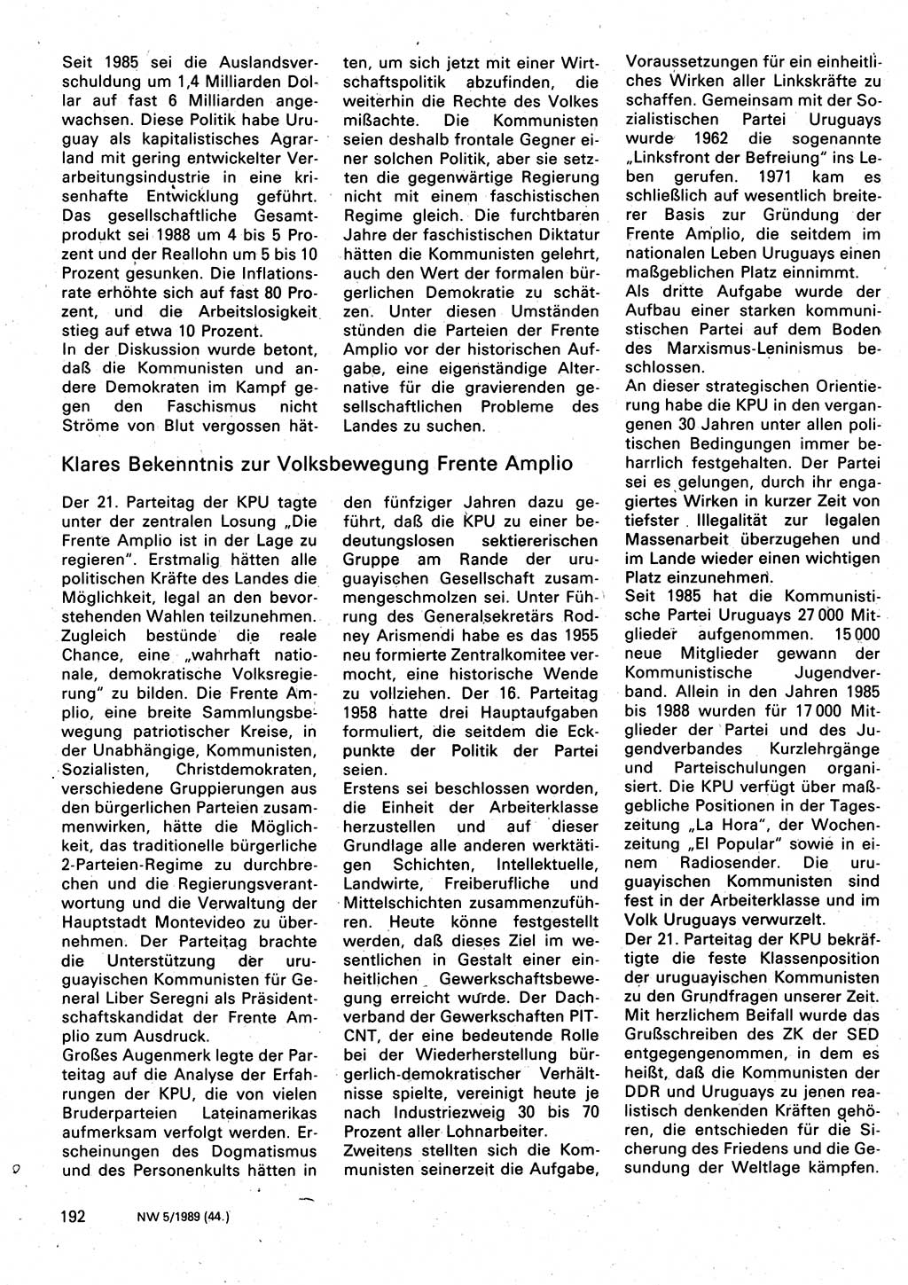 Neuer Weg (NW), Organ des Zentralkomitees (ZK) der SED (Sozialistische Einheitspartei Deutschlands) für Fragen des Parteilebens, 44. Jahrgang [Deutsche Demokratische Republik (DDR)] 1989, Seite 192 (NW ZK SED DDR 1989, S. 192)