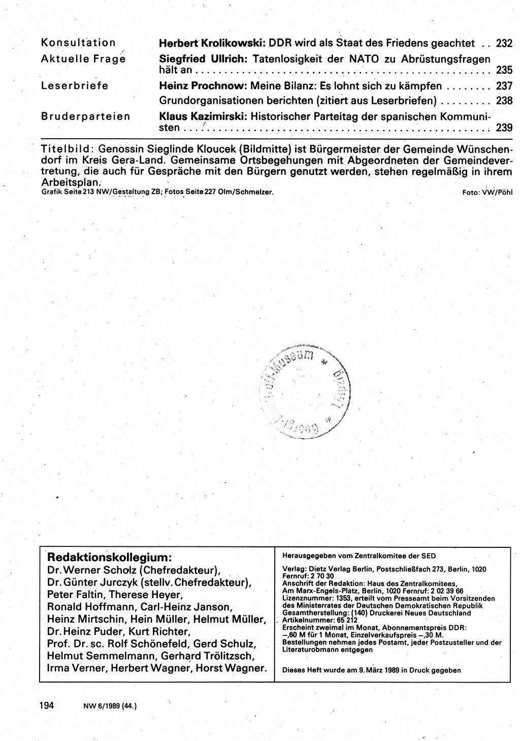 Neuer Weg (NW), Organ des Zentralkomitees (ZK) der SED (Sozialistische Einheitspartei Deutschlands) für Fragen des Parteilebens, 44. Jahrgang [Deutsche Demokratische Republik (DDR)] 1989, Seite 194 (NW ZK SED DDR 1989, S. 194)
