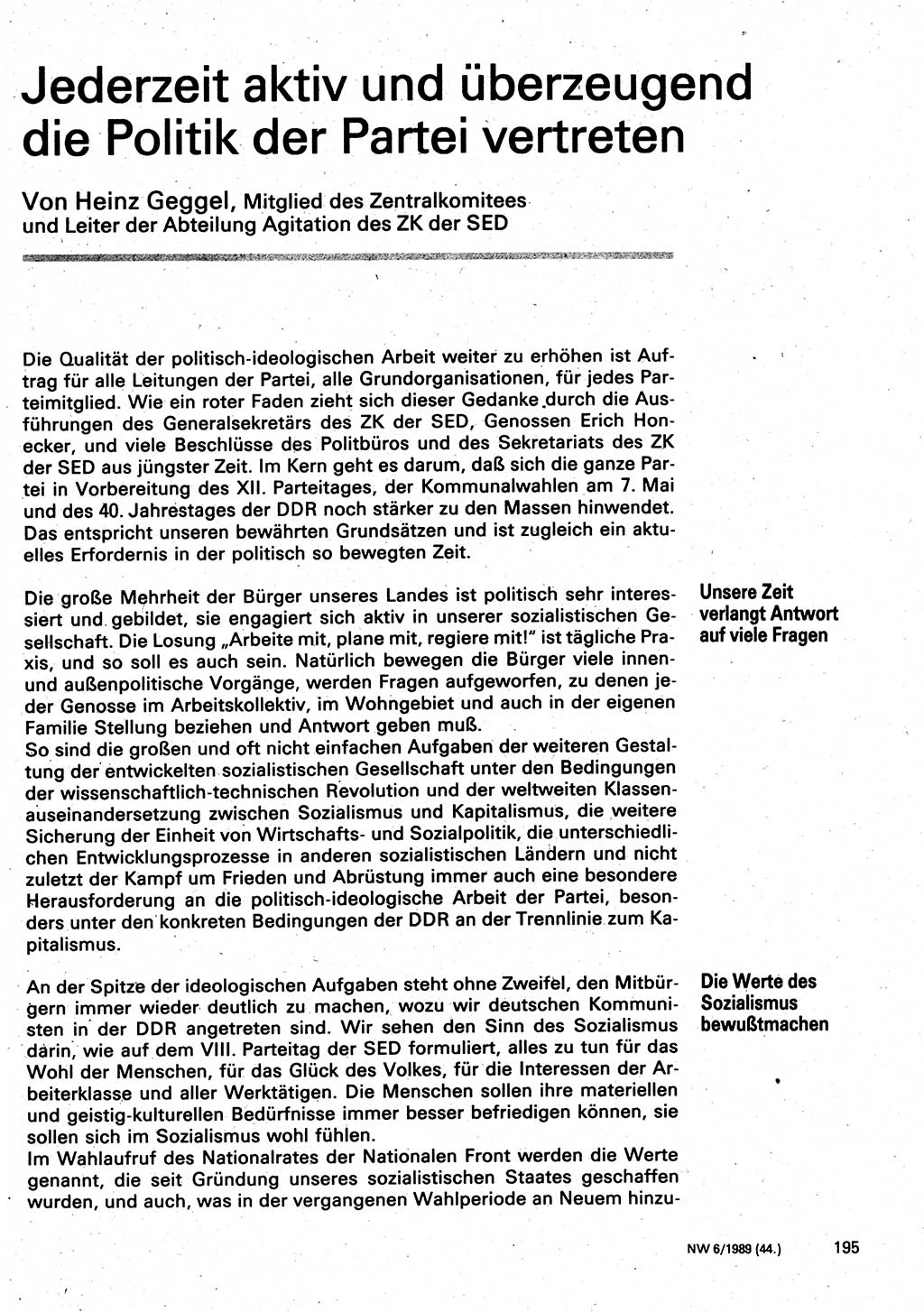 Neuer Weg (NW), Organ des Zentralkomitees (ZK) der SED (Sozialistische Einheitspartei Deutschlands) für Fragen des Parteilebens, 44. Jahrgang [Deutsche Demokratische Republik (DDR)] 1989, Seite 195 (NW ZK SED DDR 1989, S. 195)