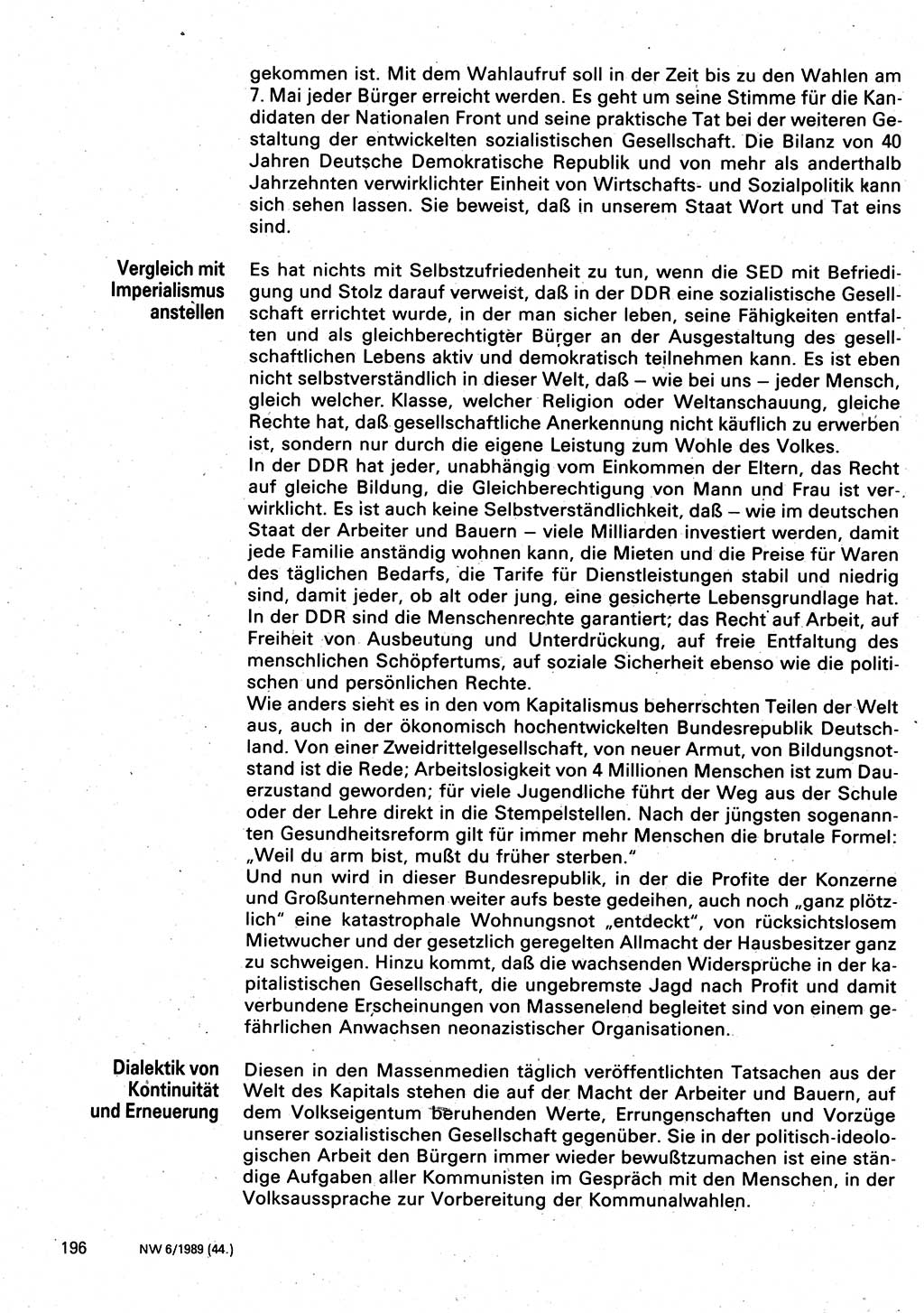 Neuer Weg (NW), Organ des Zentralkomitees (ZK) der SED (Sozialistische Einheitspartei Deutschlands) für Fragen des Parteilebens, 44. Jahrgang [Deutsche Demokratische Republik (DDR)] 1989, Seite 196 (NW ZK SED DDR 1989, S. 196)