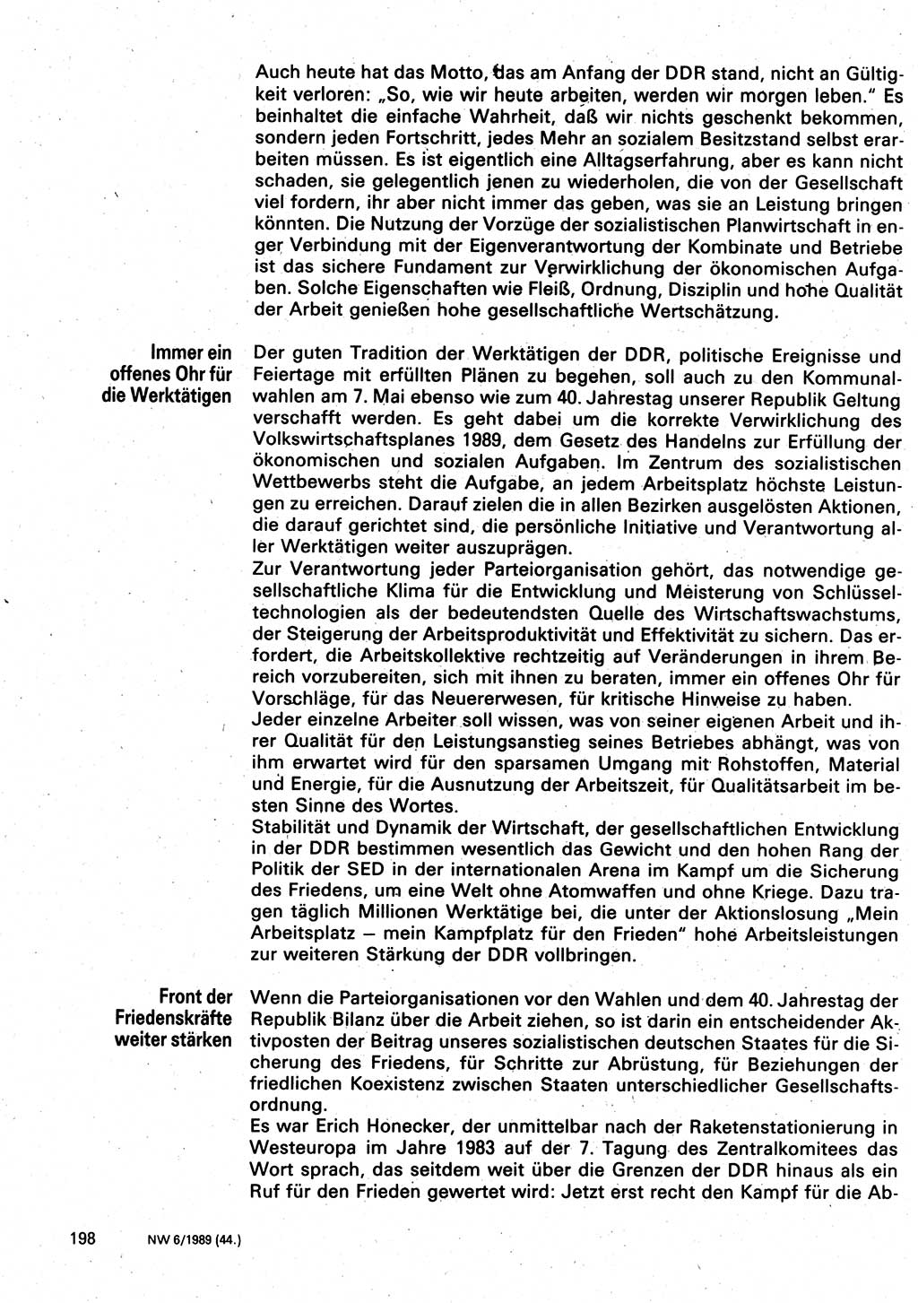 Neuer Weg (NW), Organ des Zentralkomitees (ZK) der SED (Sozialistische Einheitspartei Deutschlands) für Fragen des Parteilebens, 44. Jahrgang [Deutsche Demokratische Republik (DDR)] 1989, Seite 198 (NW ZK SED DDR 1989, S. 198)