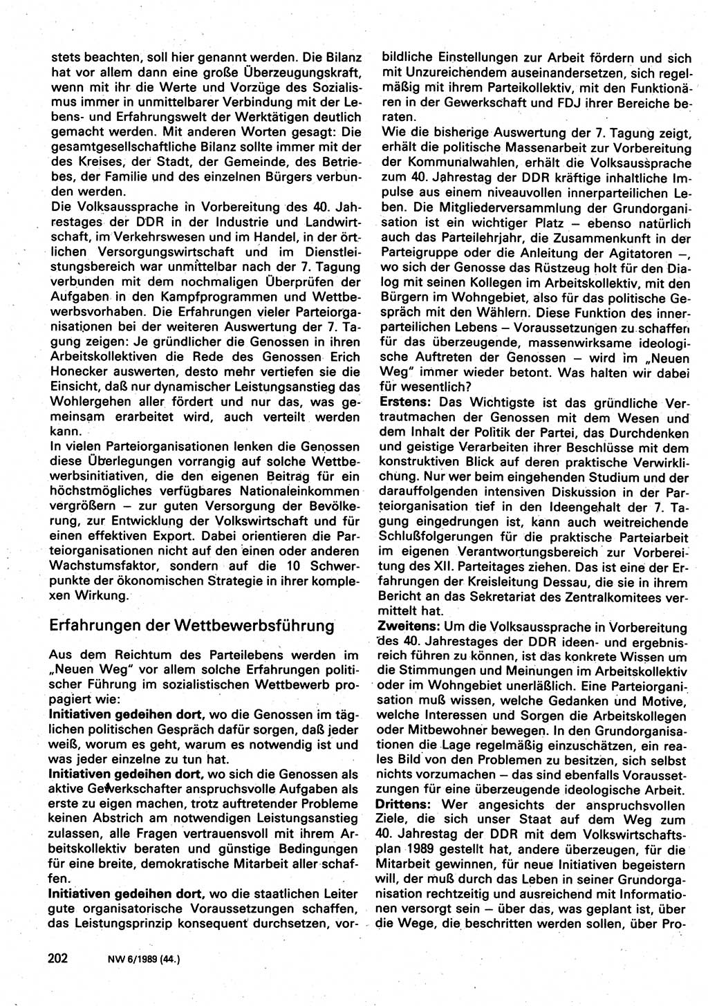 Neuer Weg (NW), Organ des Zentralkomitees (ZK) der SED (Sozialistische Einheitspartei Deutschlands) für Fragen des Parteilebens, 44. Jahrgang [Deutsche Demokratische Republik (DDR)] 1989, Seite 202 (NW ZK SED DDR 1989, S. 202)