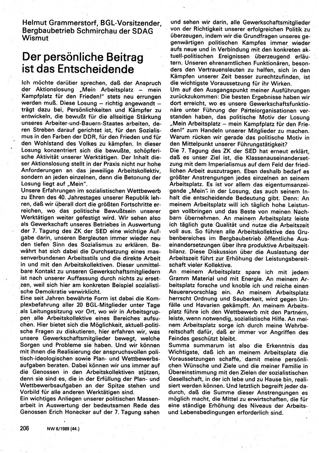 Neuer Weg (NW), Organ des Zentralkomitees (ZK) der SED (Sozialistische Einheitspartei Deutschlands) für Fragen des Parteilebens, 44. Jahrgang [Deutsche Demokratische Republik (DDR)] 1989, Seite 206 (NW ZK SED DDR 1989, S. 206)