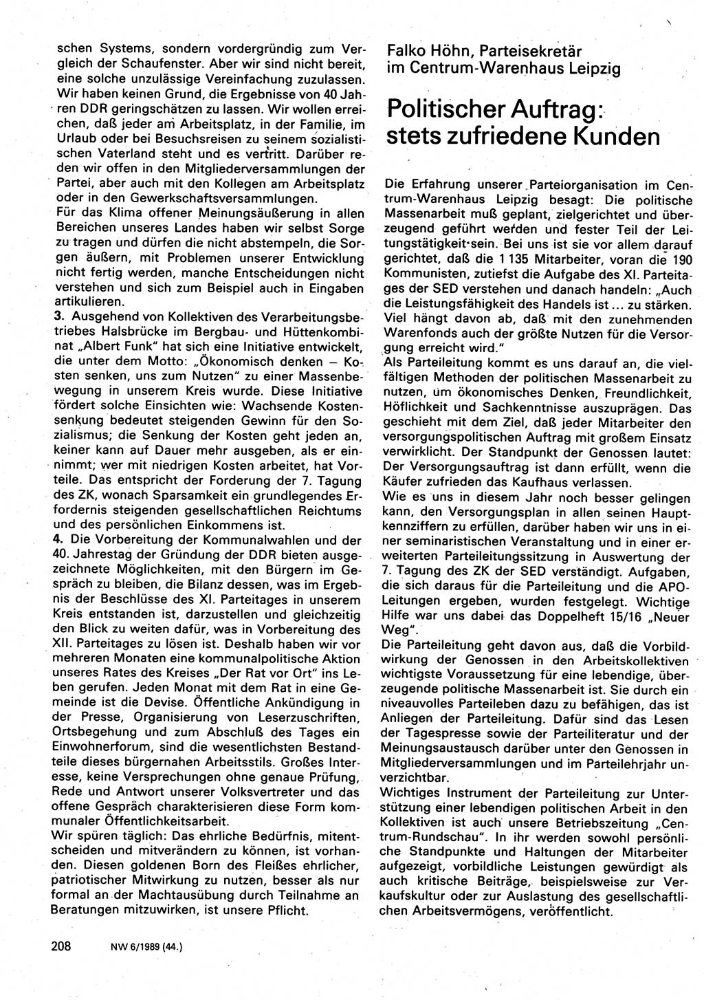 Neuer Weg (NW), Organ des Zentralkomitees (ZK) der SED (Sozialistische Einheitspartei Deutschlands) für Fragen des Parteilebens, 44. Jahrgang [Deutsche Demokratische Republik (DDR)] 1989, Seite 208 (NW ZK SED DDR 1989, S. 208)