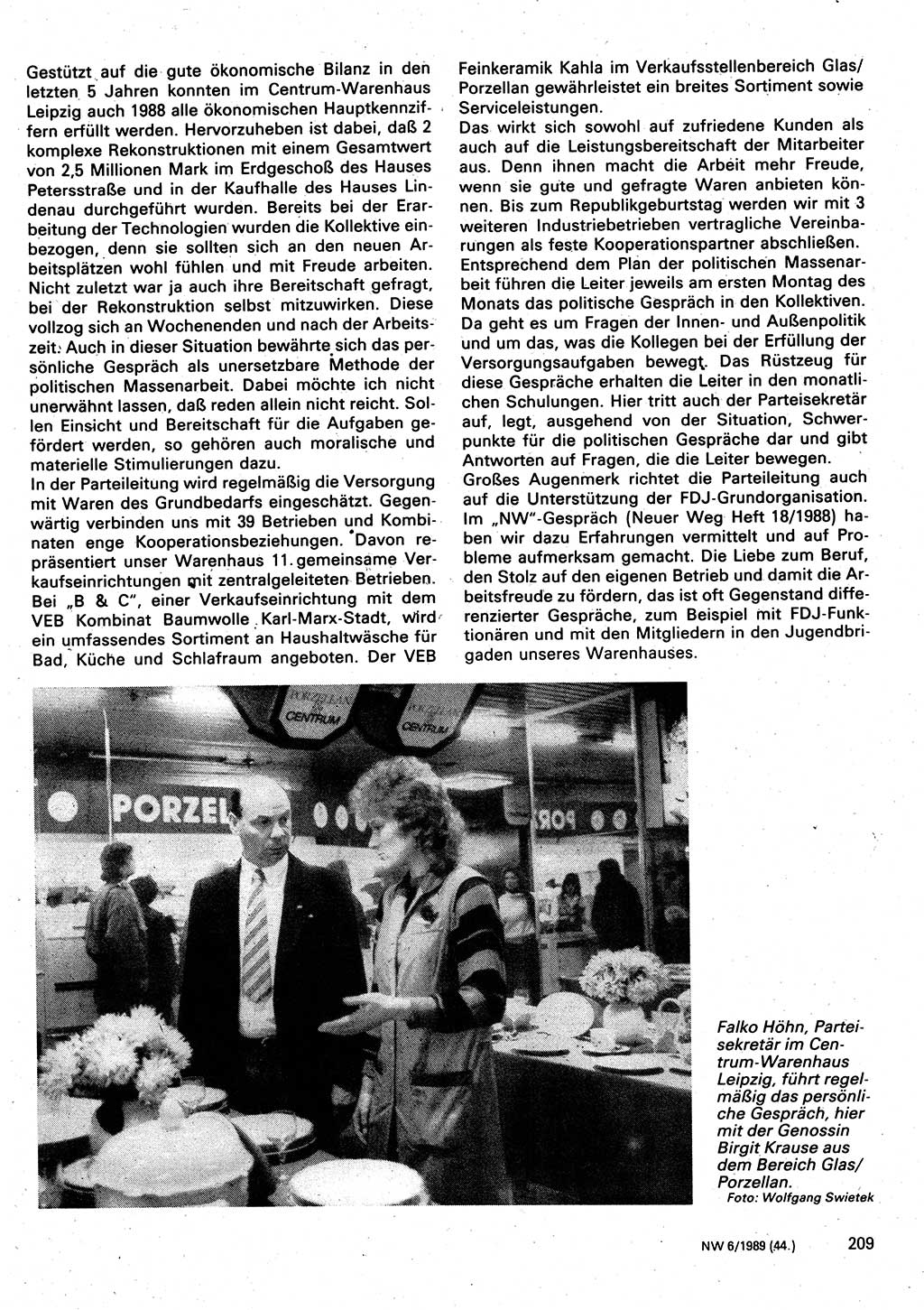 Neuer Weg (NW), Organ des Zentralkomitees (ZK) der SED (Sozialistische Einheitspartei Deutschlands) für Fragen des Parteilebens, 44. Jahrgang [Deutsche Demokratische Republik (DDR)] 1989, Seite 209 (NW ZK SED DDR 1989, S. 209)