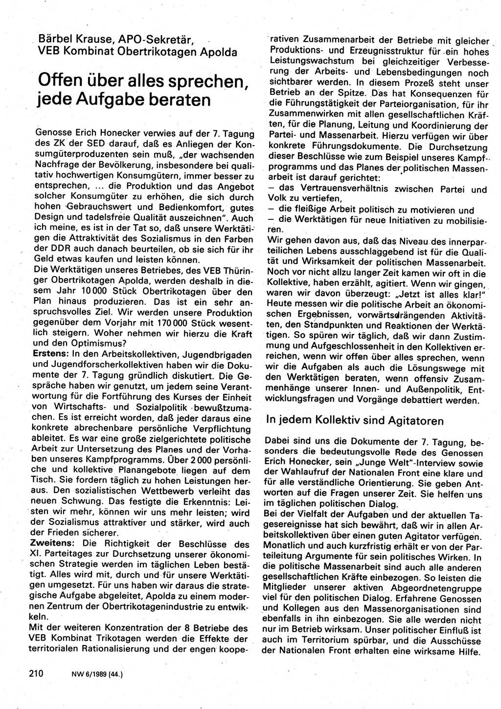 Neuer Weg (NW), Organ des Zentralkomitees (ZK) der SED (Sozialistische Einheitspartei Deutschlands) für Fragen des Parteilebens, 44. Jahrgang [Deutsche Demokratische Republik (DDR)] 1989, Seite 210 (NW ZK SED DDR 1989, S. 210)