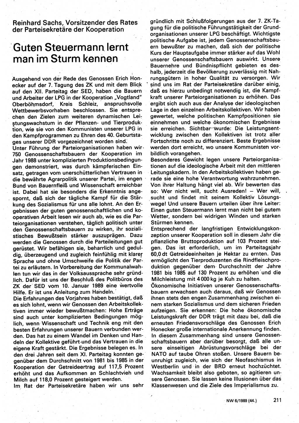 Neuer Weg (NW), Organ des Zentralkomitees (ZK) der SED (Sozialistische Einheitspartei Deutschlands) für Fragen des Parteilebens, 44. Jahrgang [Deutsche Demokratische Republik (DDR)] 1989, Seite 211 (NW ZK SED DDR 1989, S. 211)