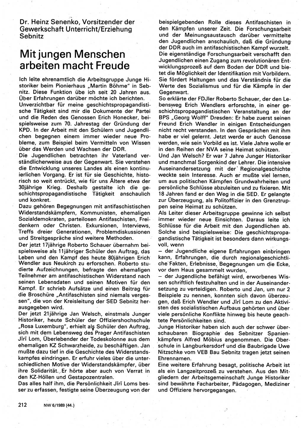 Neuer Weg (NW), Organ des Zentralkomitees (ZK) der SED (Sozialistische Einheitspartei Deutschlands) für Fragen des Parteilebens, 44. Jahrgang [Deutsche Demokratische Republik (DDR)] 1989, Seite 212 (NW ZK SED DDR 1989, S. 212)