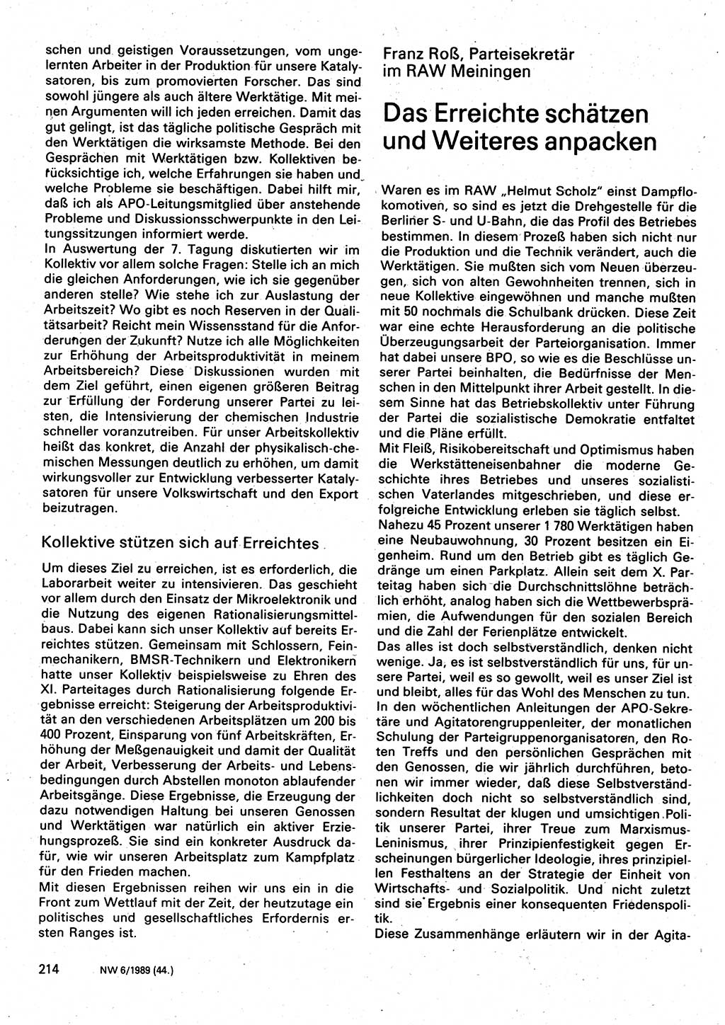 Neuer Weg (NW), Organ des Zentralkomitees (ZK) der SED (Sozialistische Einheitspartei Deutschlands) für Fragen des Parteilebens, 44. Jahrgang [Deutsche Demokratische Republik (DDR)] 1989, Seite 214 (NW ZK SED DDR 1989, S. 214)