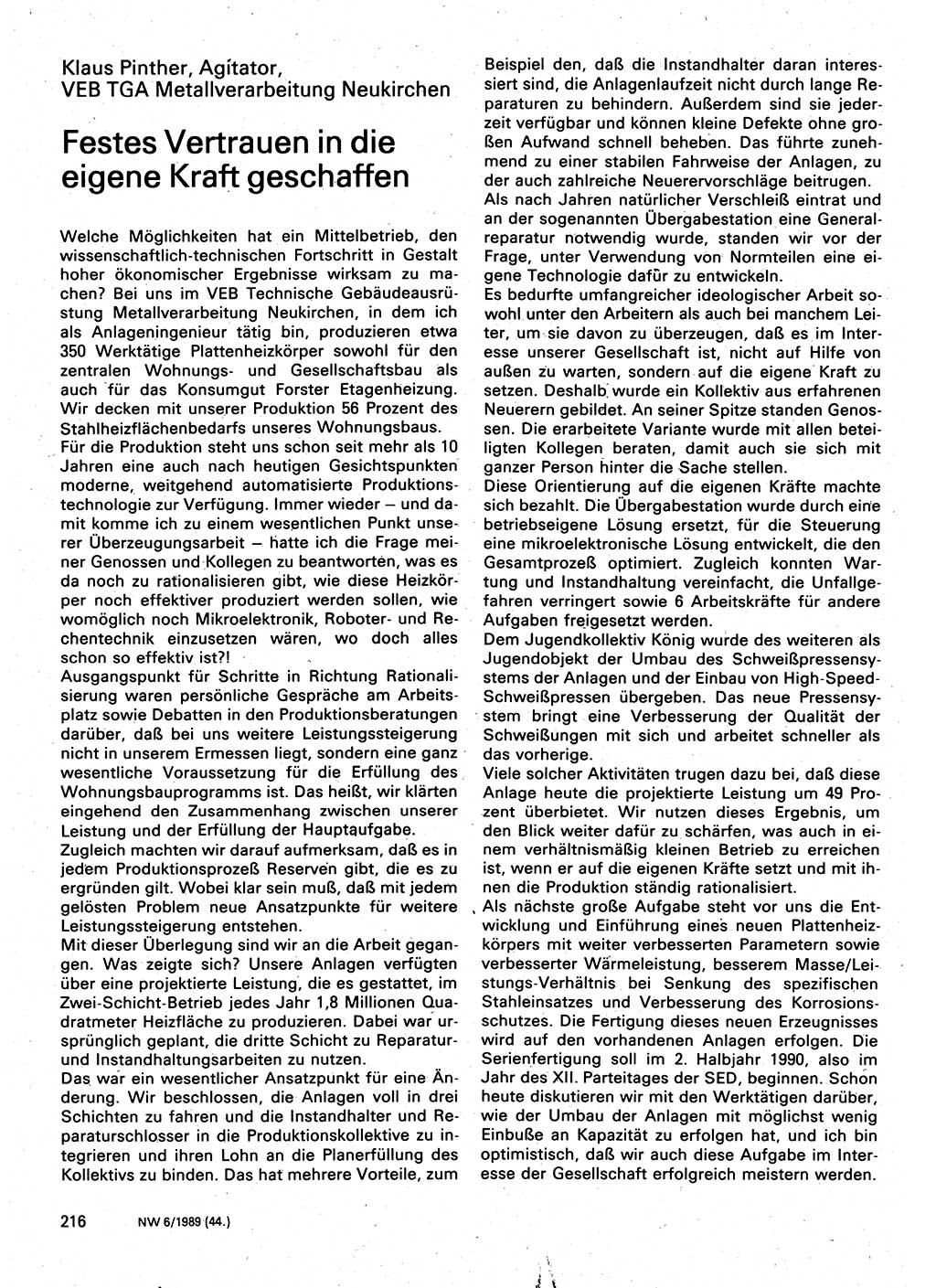 Neuer Weg (NW), Organ des Zentralkomitees (ZK) der SED (Sozialistische Einheitspartei Deutschlands) für Fragen des Parteilebens, 44. Jahrgang [Deutsche Demokratische Republik (DDR)] 1989, Seite 216 (NW ZK SED DDR 1989, S. 216)