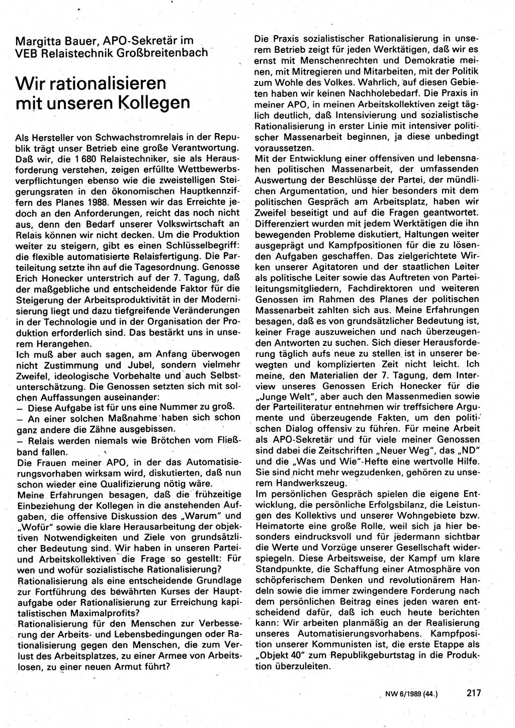 Neuer Weg (NW), Organ des Zentralkomitees (ZK) der SED (Sozialistische Einheitspartei Deutschlands) für Fragen des Parteilebens, 44. Jahrgang [Deutsche Demokratische Republik (DDR)] 1989, Seite 217 (NW ZK SED DDR 1989, S. 217)