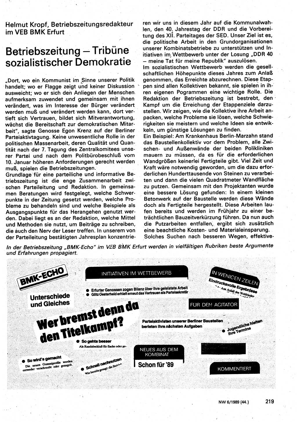 Neuer Weg (NW), Organ des Zentralkomitees (ZK) der SED (Sozialistische Einheitspartei Deutschlands) für Fragen des Parteilebens, 44. Jahrgang [Deutsche Demokratische Republik (DDR)] 1989, Seite 219 (NW ZK SED DDR 1989, S. 219)