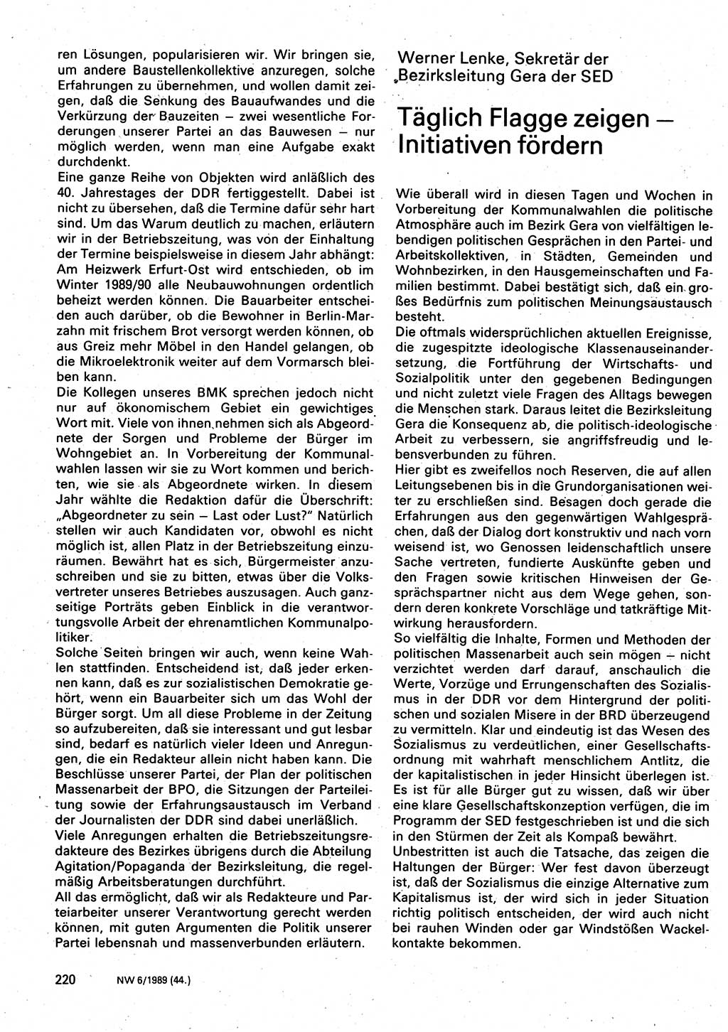 Neuer Weg (NW), Organ des Zentralkomitees (ZK) der SED (Sozialistische Einheitspartei Deutschlands) für Fragen des Parteilebens, 44. Jahrgang [Deutsche Demokratische Republik (DDR)] 1989, Seite 220 (NW ZK SED DDR 1989, S. 220)