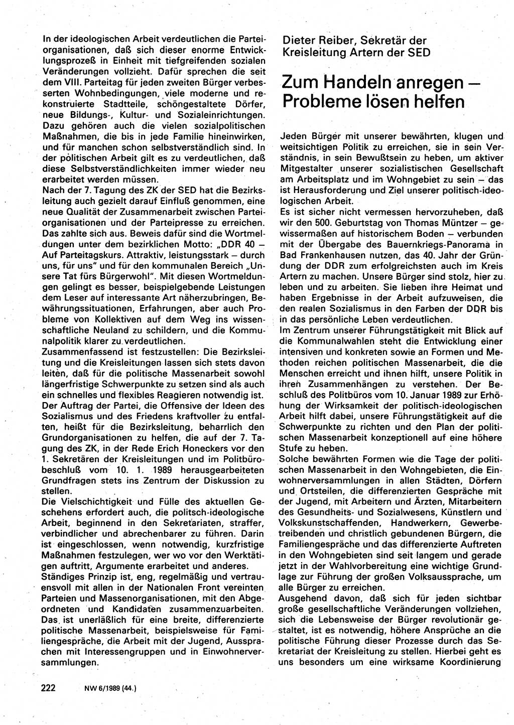 Neuer Weg (NW), Organ des Zentralkomitees (ZK) der SED (Sozialistische Einheitspartei Deutschlands) für Fragen des Parteilebens, 44. Jahrgang [Deutsche Demokratische Republik (DDR)] 1989, Seite 222 (NW ZK SED DDR 1989, S. 222)