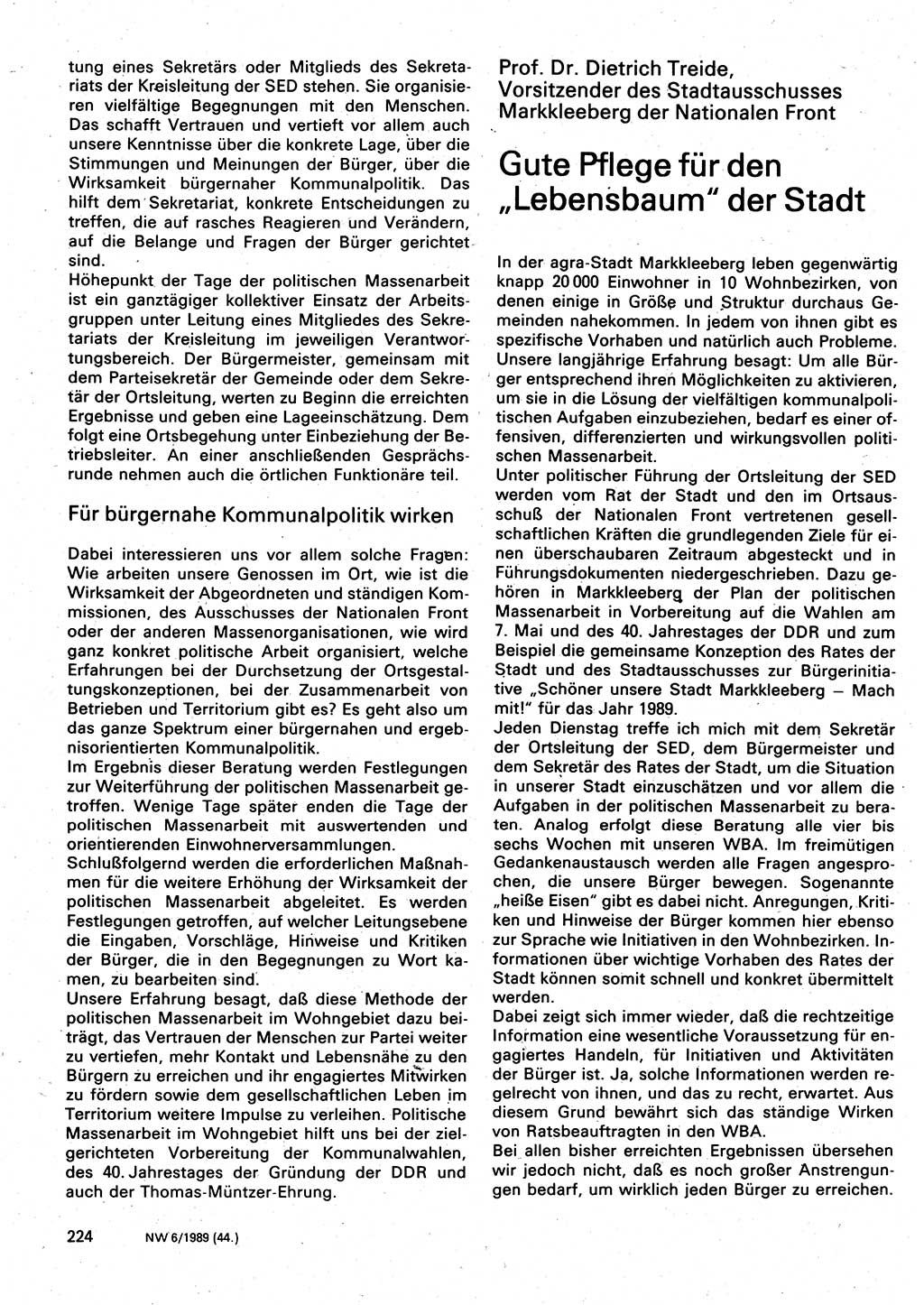 Neuer Weg (NW), Organ des Zentralkomitees (ZK) der SED (Sozialistische Einheitspartei Deutschlands) für Fragen des Parteilebens, 44. Jahrgang [Deutsche Demokratische Republik (DDR)] 1989, Seite 224 (NW ZK SED DDR 1989, S. 224)