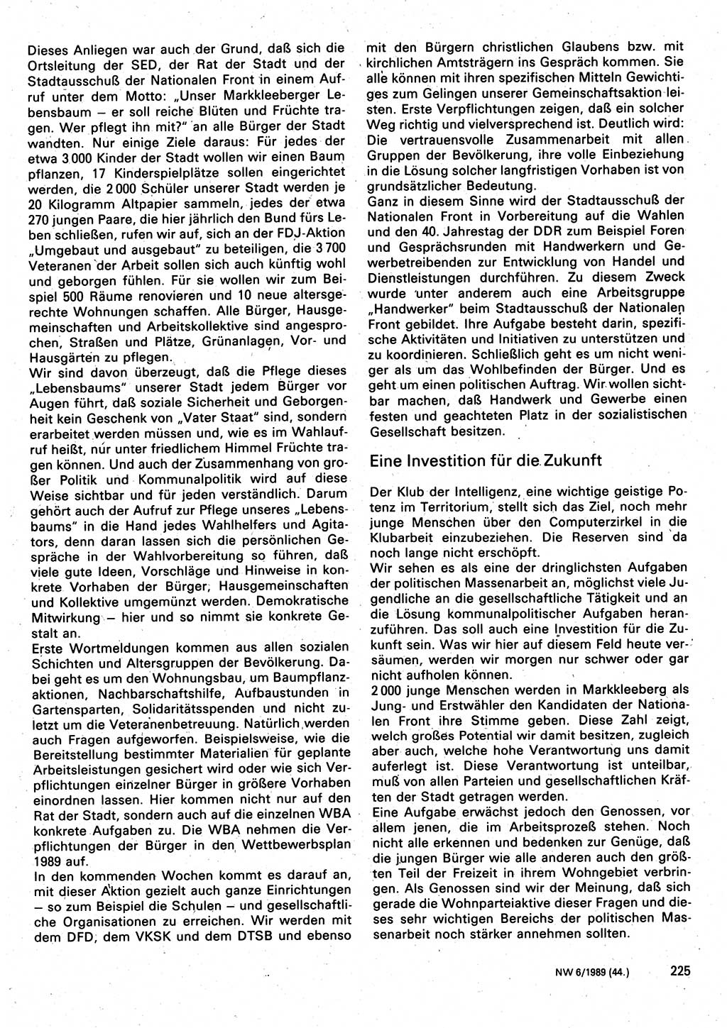 Neuer Weg (NW), Organ des Zentralkomitees (ZK) der SED (Sozialistische Einheitspartei Deutschlands) für Fragen des Parteilebens, 44. Jahrgang [Deutsche Demokratische Republik (DDR)] 1989, Seite 225 (NW ZK SED DDR 1989, S. 225)