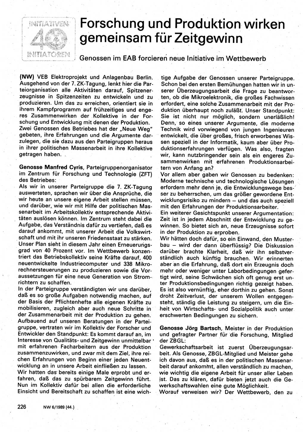 Neuer Weg (NW), Organ des Zentralkomitees (ZK) der SED (Sozialistische Einheitspartei Deutschlands) für Fragen des Parteilebens, 44. Jahrgang [Deutsche Demokratische Republik (DDR)] 1989, Seite 226 (NW ZK SED DDR 1989, S. 226)