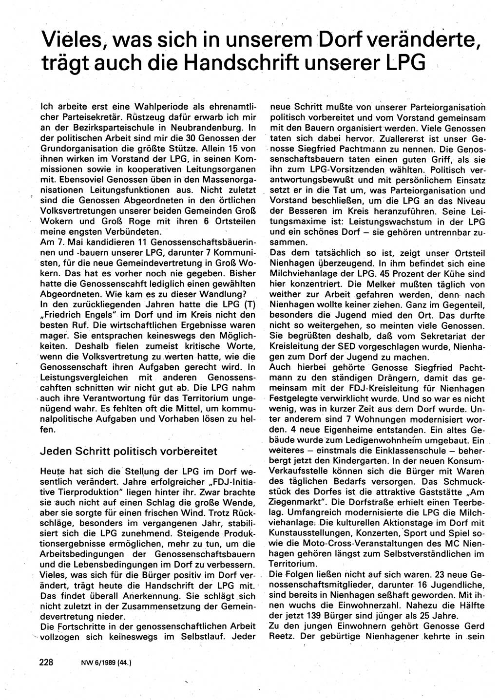 Neuer Weg (NW), Organ des Zentralkomitees (ZK) der SED (Sozialistische Einheitspartei Deutschlands) für Fragen des Parteilebens, 44. Jahrgang [Deutsche Demokratische Republik (DDR)] 1989, Seite 228 (NW ZK SED DDR 1989, S. 228)