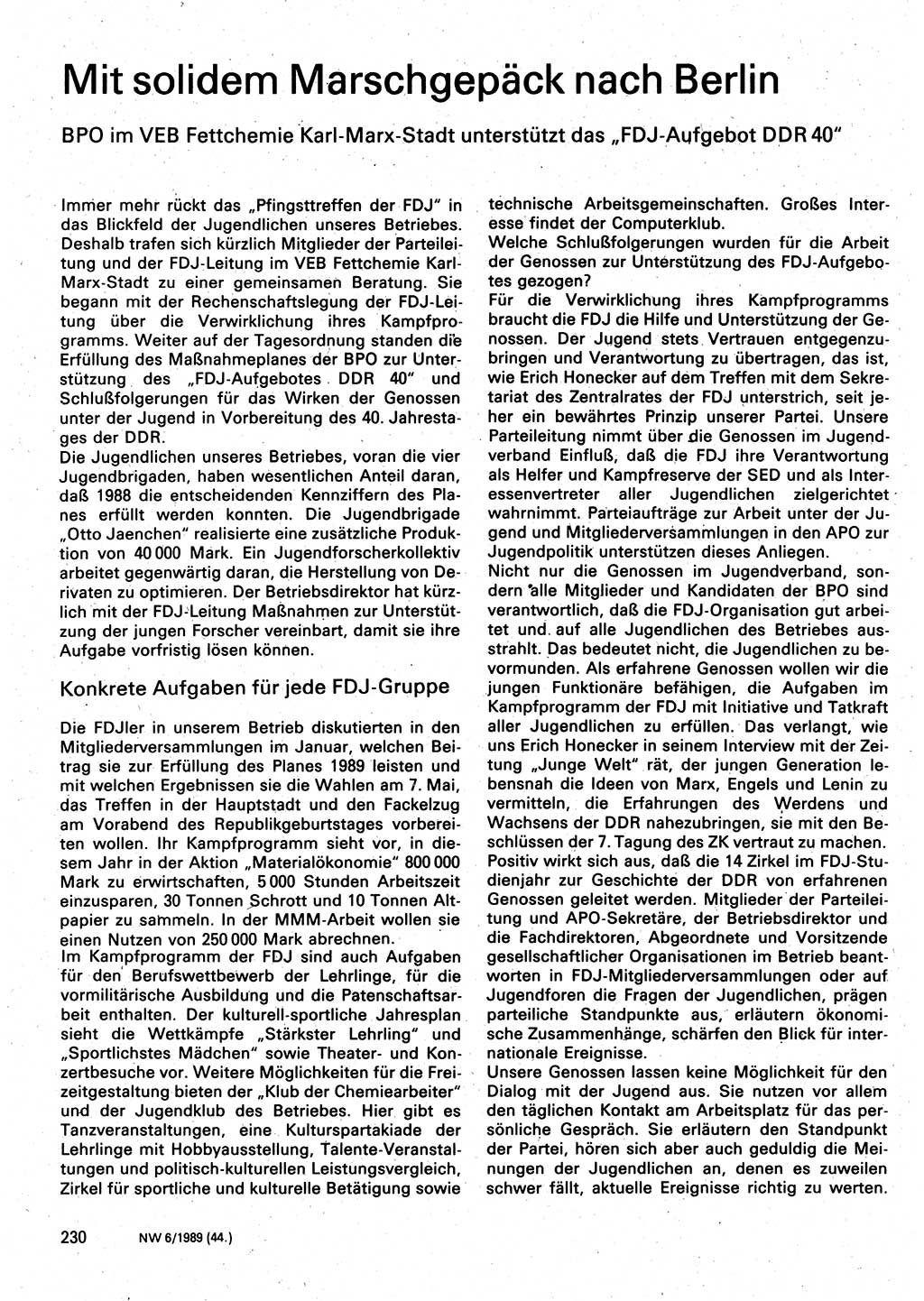 Neuer Weg (NW), Organ des Zentralkomitees (ZK) der SED (Sozialistische Einheitspartei Deutschlands) für Fragen des Parteilebens, 44. Jahrgang [Deutsche Demokratische Republik (DDR)] 1989, Seite 230 (NW ZK SED DDR 1989, S. 230)