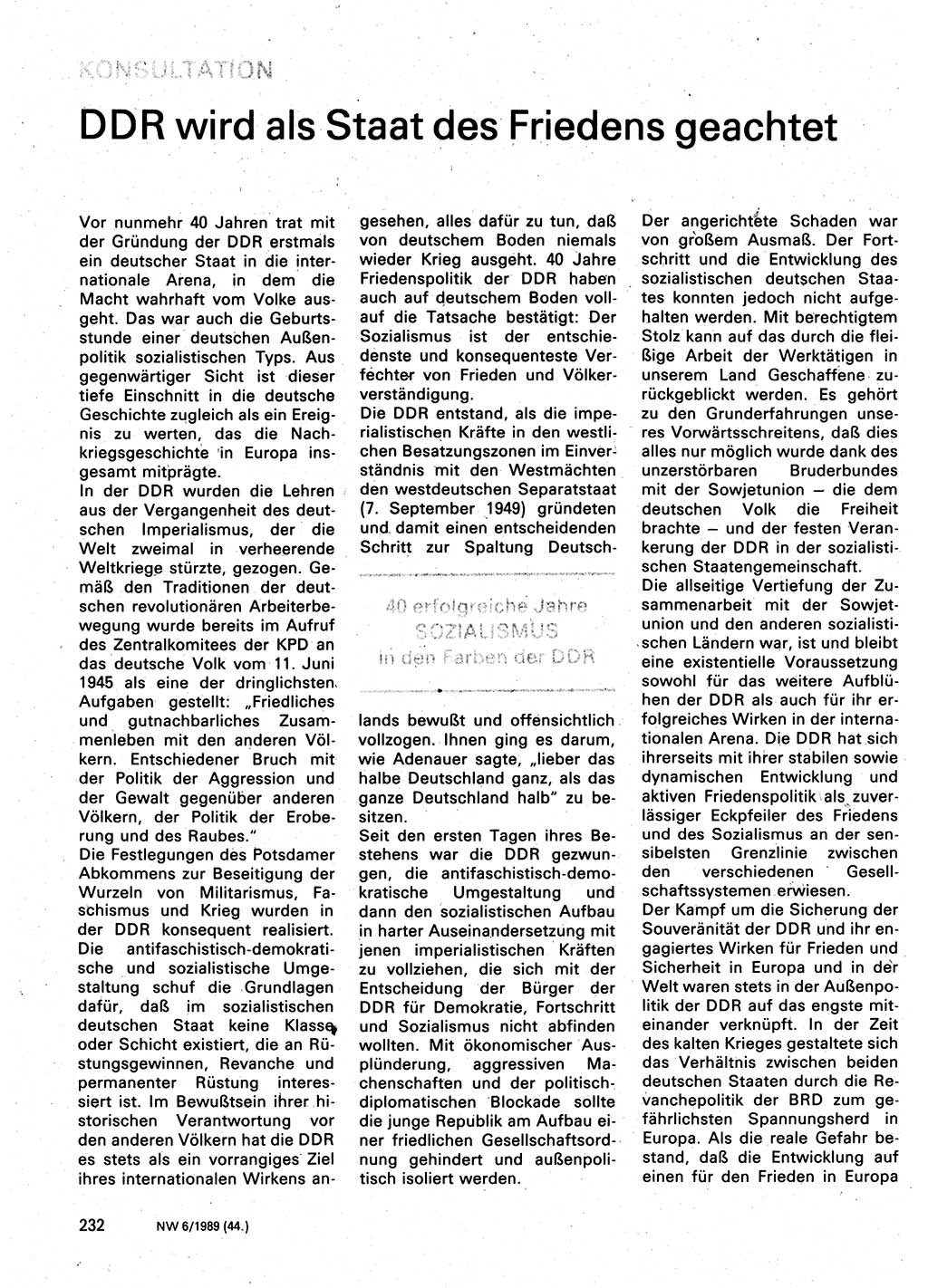 Neuer Weg (NW), Organ des Zentralkomitees (ZK) der SED (Sozialistische Einheitspartei Deutschlands) für Fragen des Parteilebens, 44. Jahrgang [Deutsche Demokratische Republik (DDR)] 1989, Seite 232 (NW ZK SED DDR 1989, S. 232)