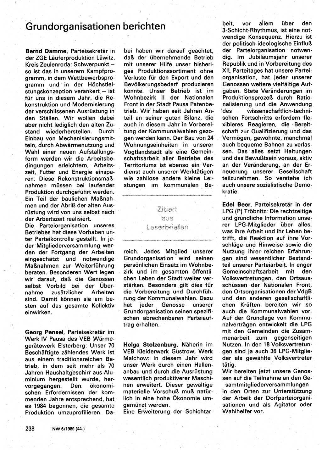 Neuer Weg (NW), Organ des Zentralkomitees (ZK) der SED (Sozialistische Einheitspartei Deutschlands) für Fragen des Parteilebens, 44. Jahrgang [Deutsche Demokratische Republik (DDR)] 1989, Seite 238 (NW ZK SED DDR 1989, S. 238)