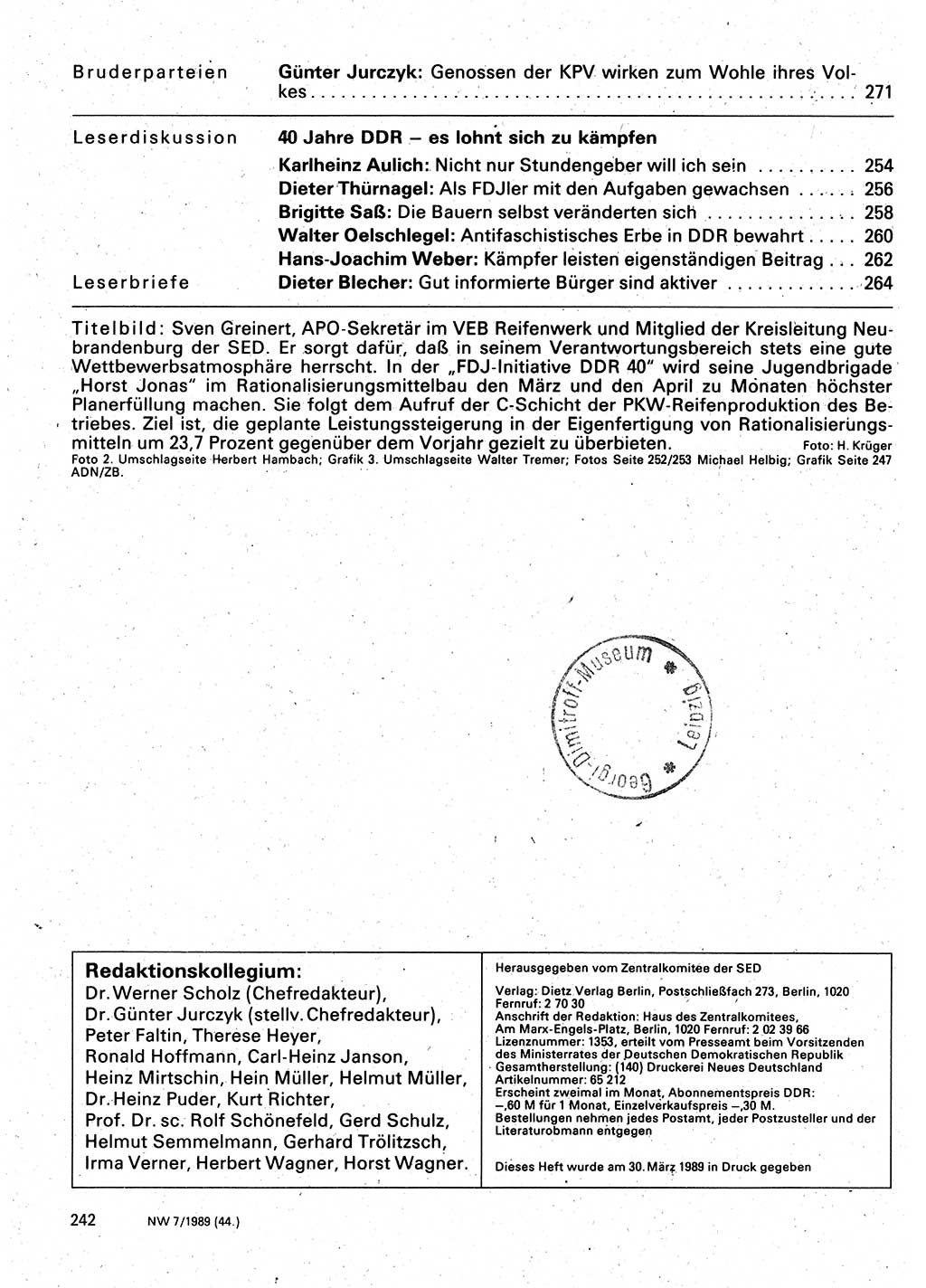 Neuer Weg (NW), Organ des Zentralkomitees (ZK) der SED (Sozialistische Einheitspartei Deutschlands) fÃ¼r Fragen des Parteilebens, 44. Jahrgang [Deutsche Demokratische Republik (DDR)] 1989, Seite 242 (NW ZK SED DDR 1989, S. 242)