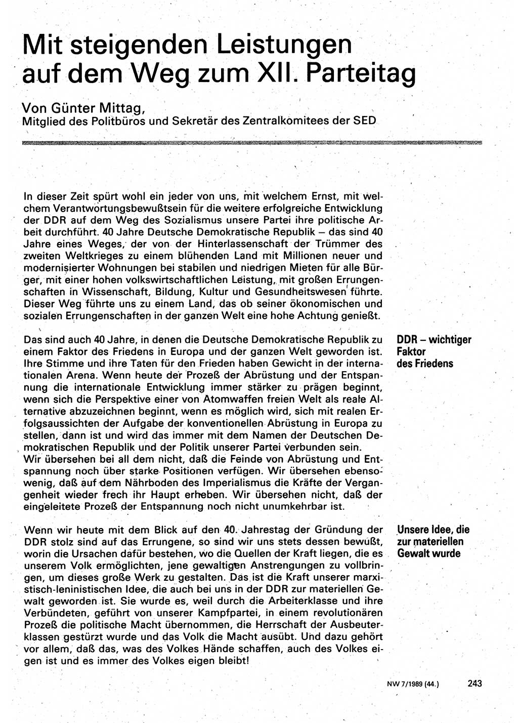 Neuer Weg (NW), Organ des Zentralkomitees (ZK) der SED (Sozialistische Einheitspartei Deutschlands) für Fragen des Parteilebens, 44. Jahrgang [Deutsche Demokratische Republik (DDR)] 1989, Seite 243 (NW ZK SED DDR 1989, S. 243)